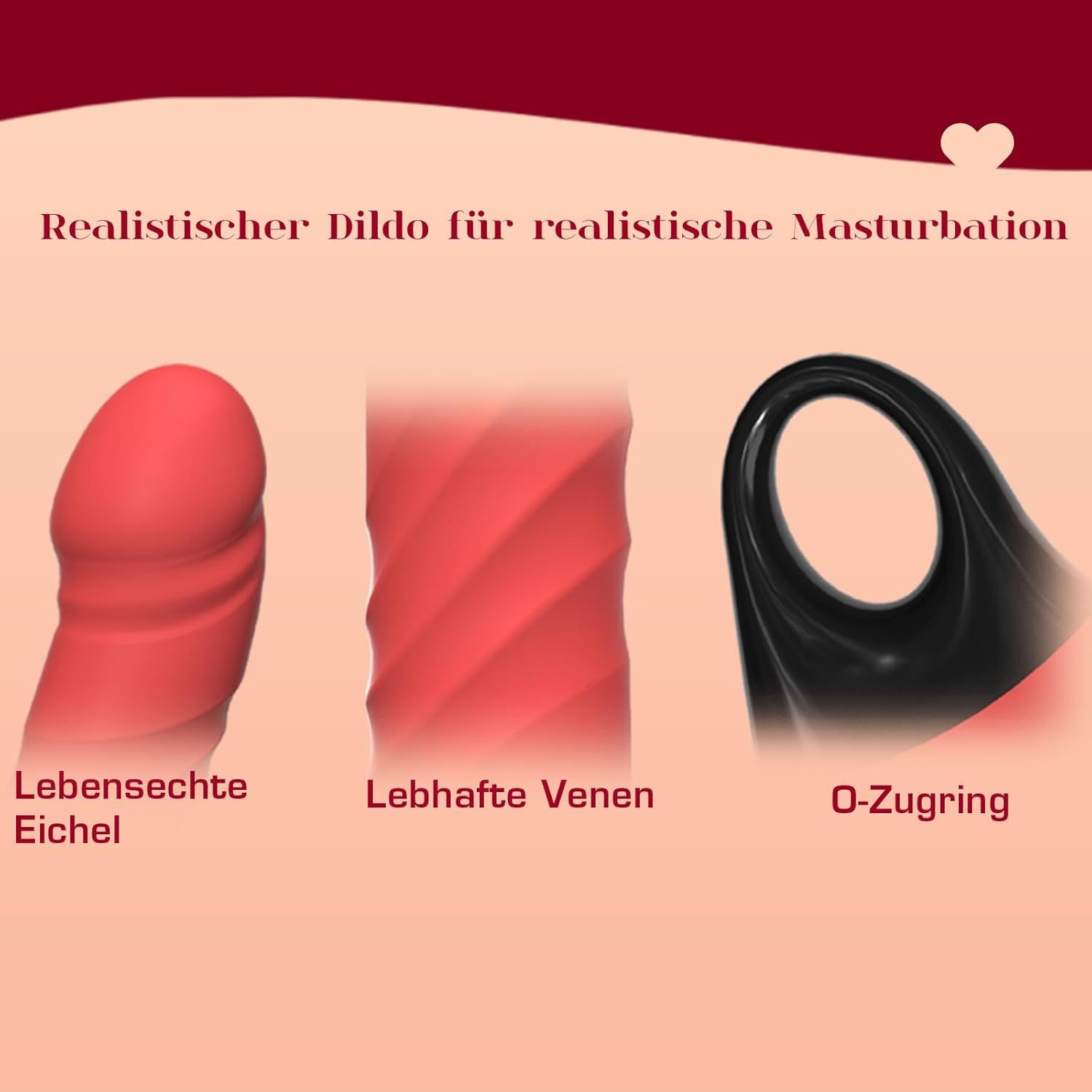 Tre componenti del prodotto: dildo con superficie scanalata, dildo con vene, anello a O. Testo: glande realistico, vene vivaci, anello a O.