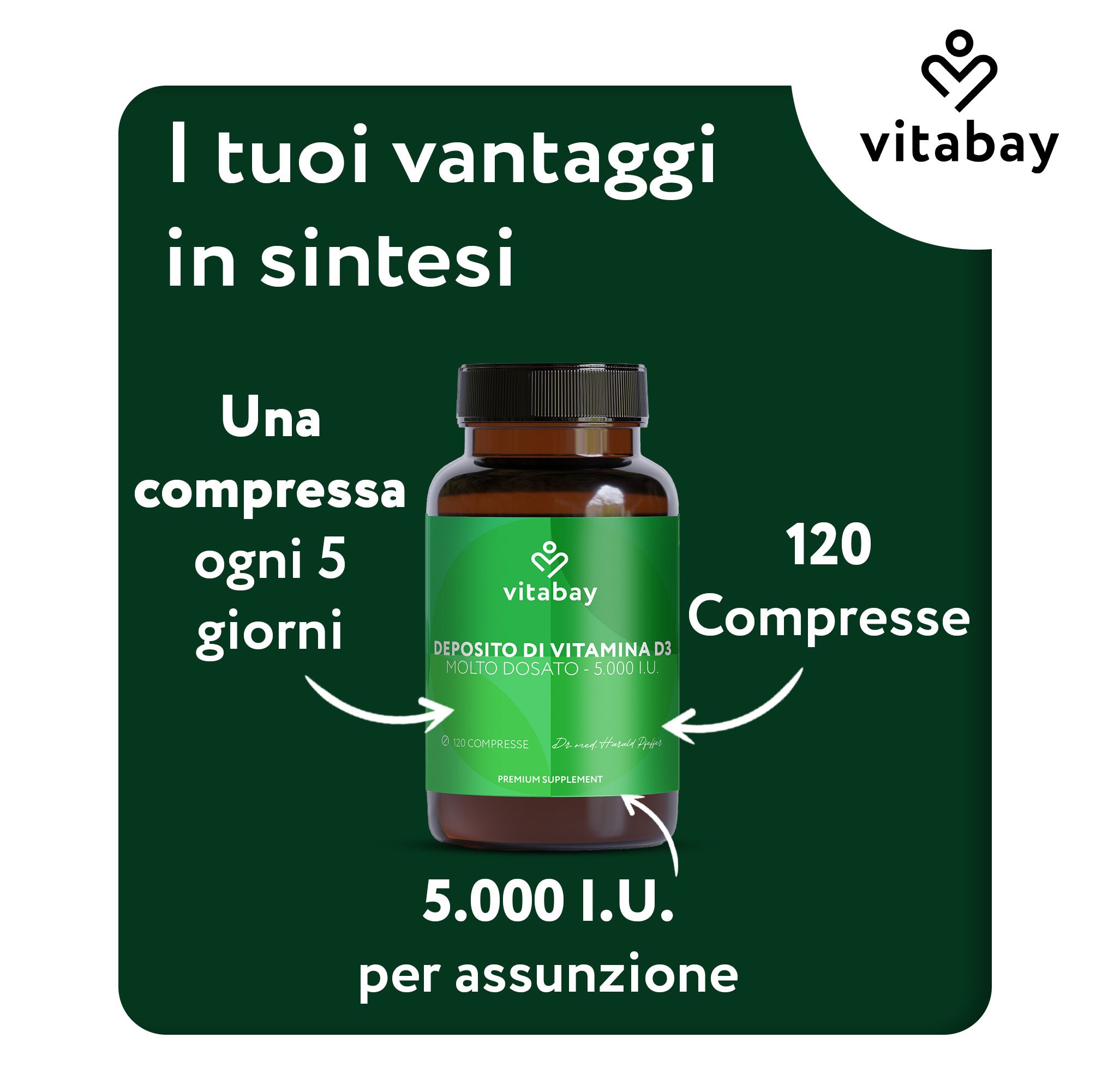 Flacone Vitabay Vitamina D3 Depot, 120 compresse, motivo foglia.