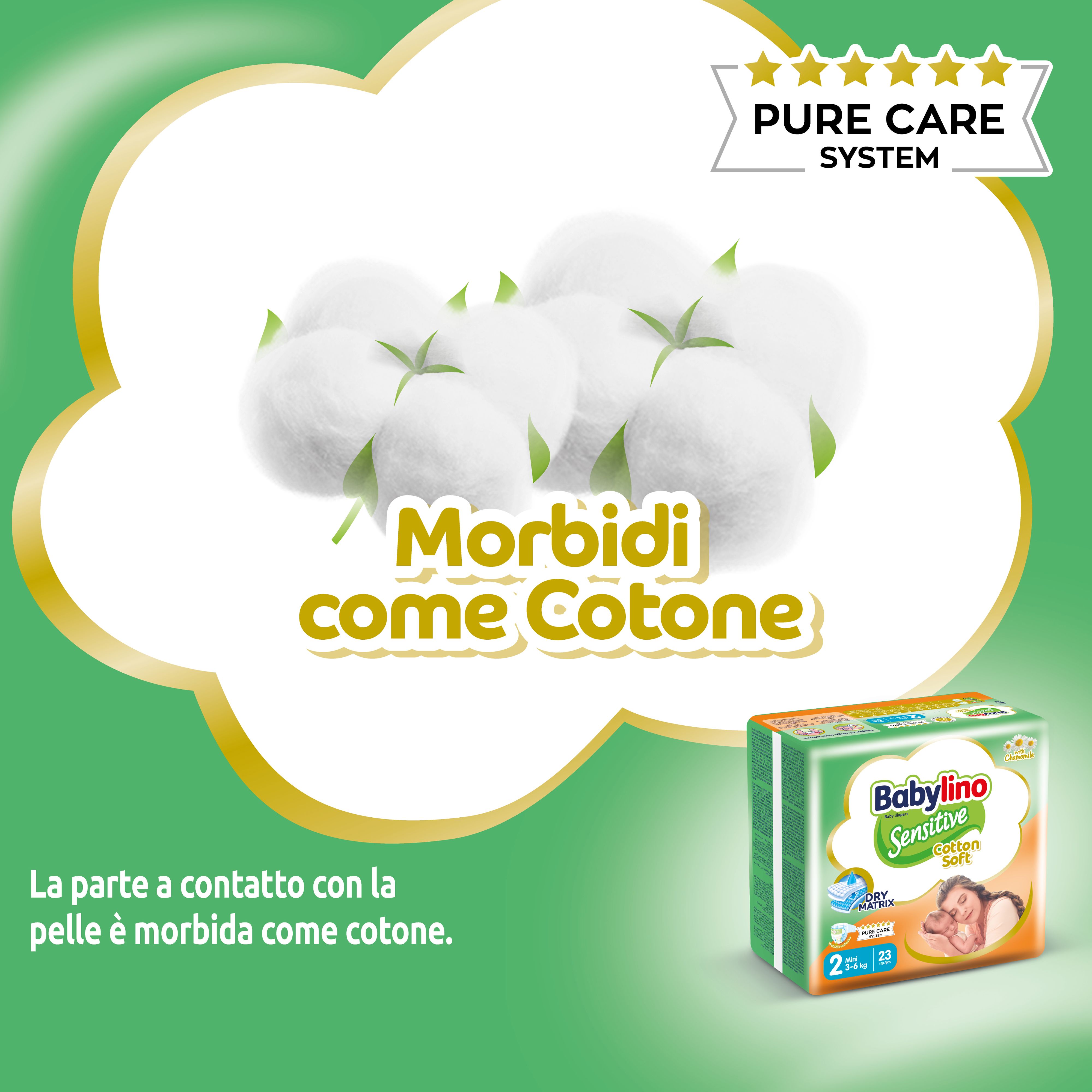 Illustrazione di batuffoli di cotone e confezione di pannolini Babylino. Testo: 'Morbidi come Cotone' (Morbidi come cotone).