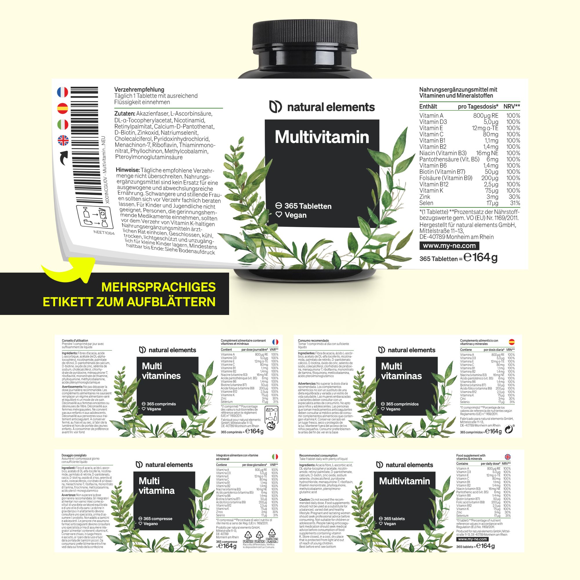 Etichetta del flacone con informazioni multilingue. Scritta: natural elements Multivitamin. Diverse lingue, tra cui tedesco, francese, italiano.