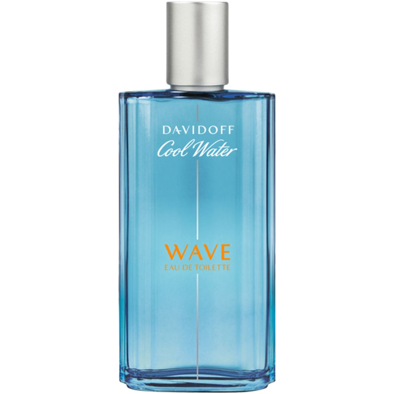 Flacone Davidoff Cool Water Wave EdT. Vetro blu, tappo argentato. Nome prodotto e Wave. Eau de Toilette.