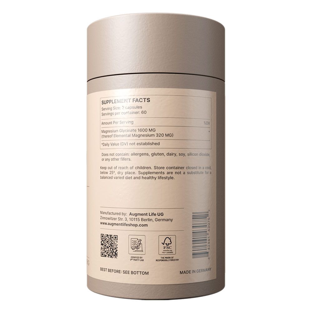Informazioni nutrizionali su un contenitore rotondo: Glicinato di magnesio 1600 mg, 60 capsule.
