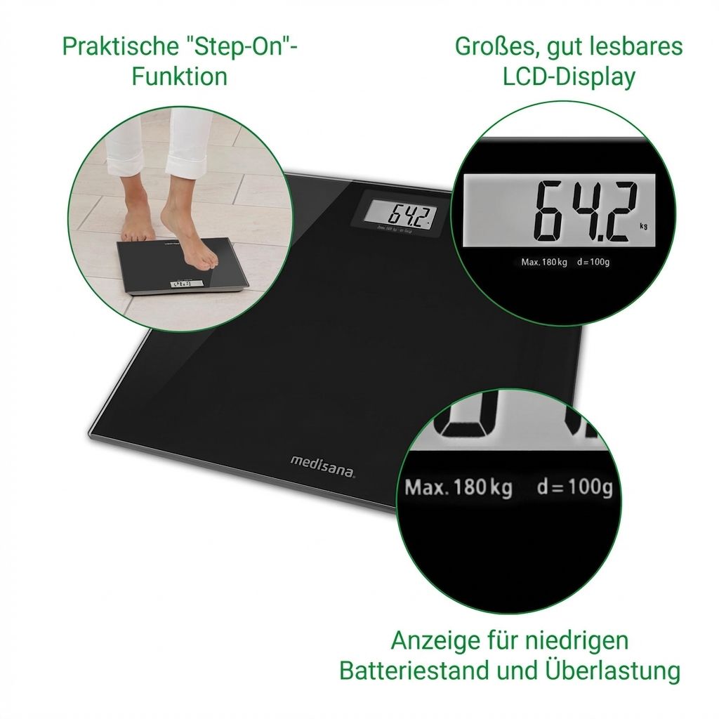 Bilancia pesapersone nera in vetro con display LCD (64.2). Max 180 kg, d=100g. Funzione "Step-On".