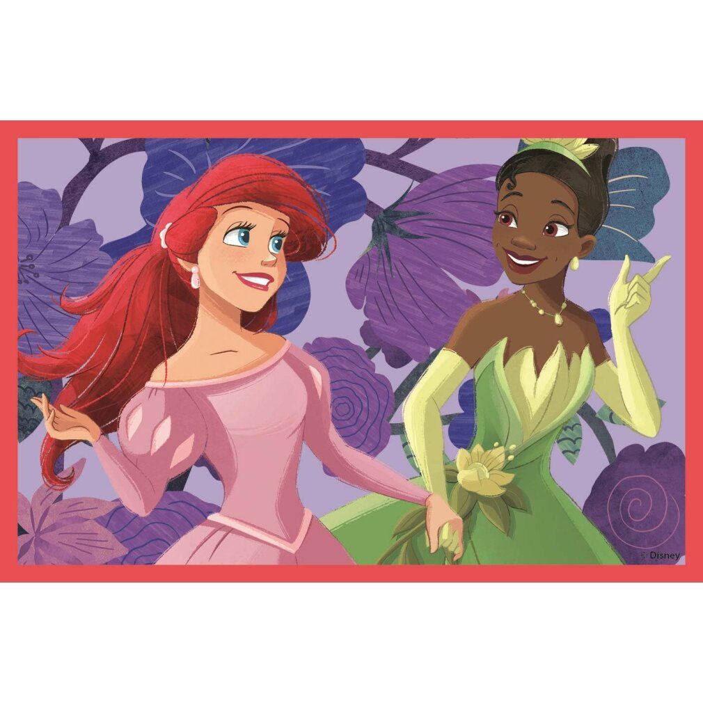 Motivo del puzzle con Ariel e Tiana. Entrambe le principesse sorridono. Cornice rossa.