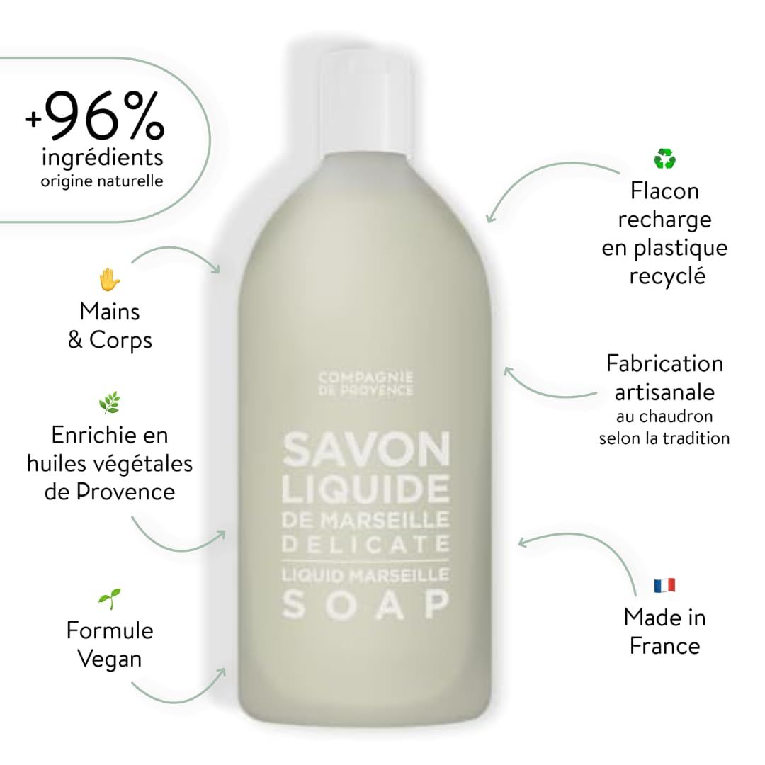 Flacone con testo. Testo: Compagnie de Provence, Savon Liquide de Marseille Delicate. Vegan, +96% ingredienti naturali.