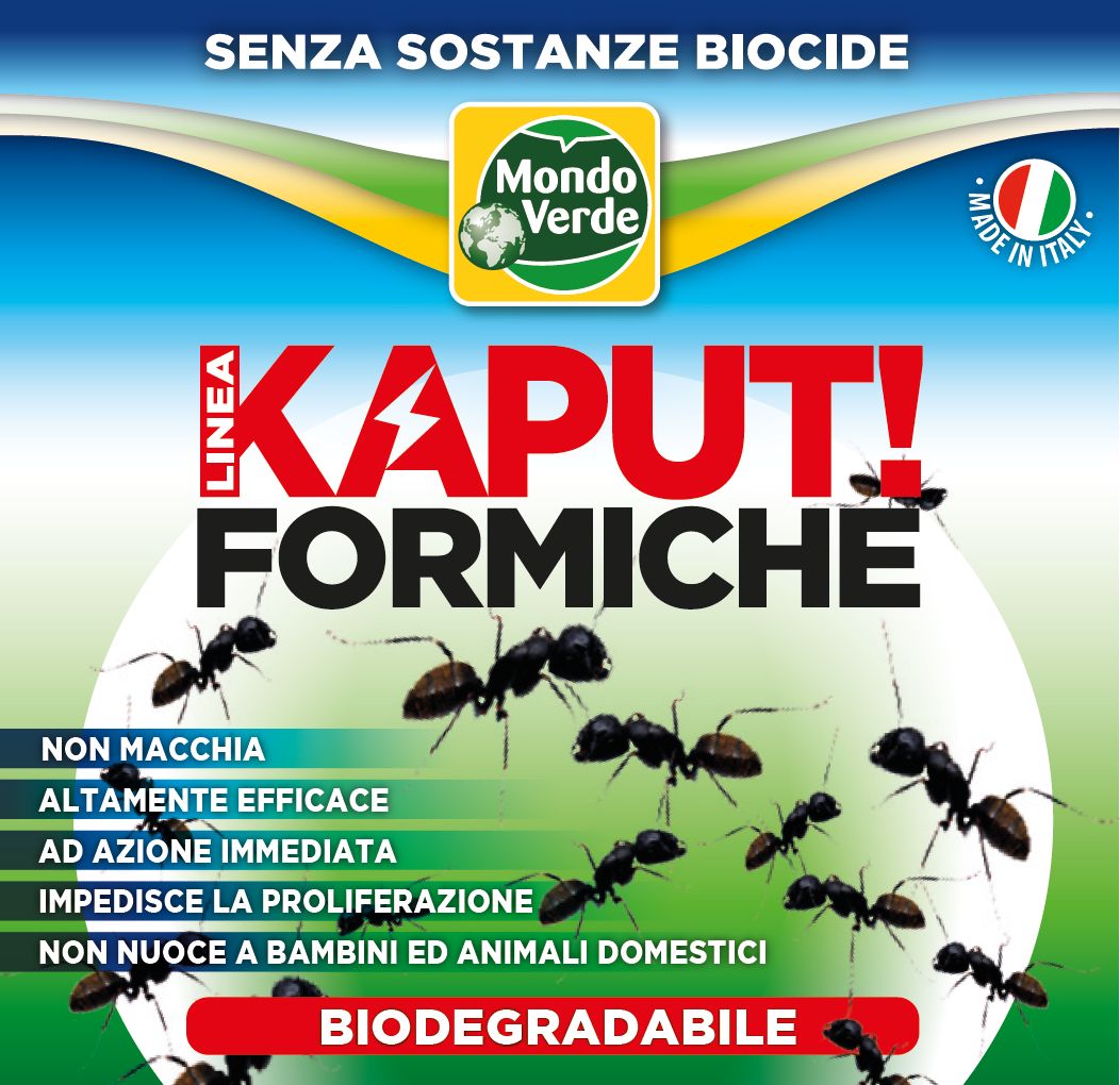 Primo piano dell'etichetta. Scritta: KAPUT! FORMICHE. Logo Mondo Verde. Colori blu e verde. Illustrazione di formiche.