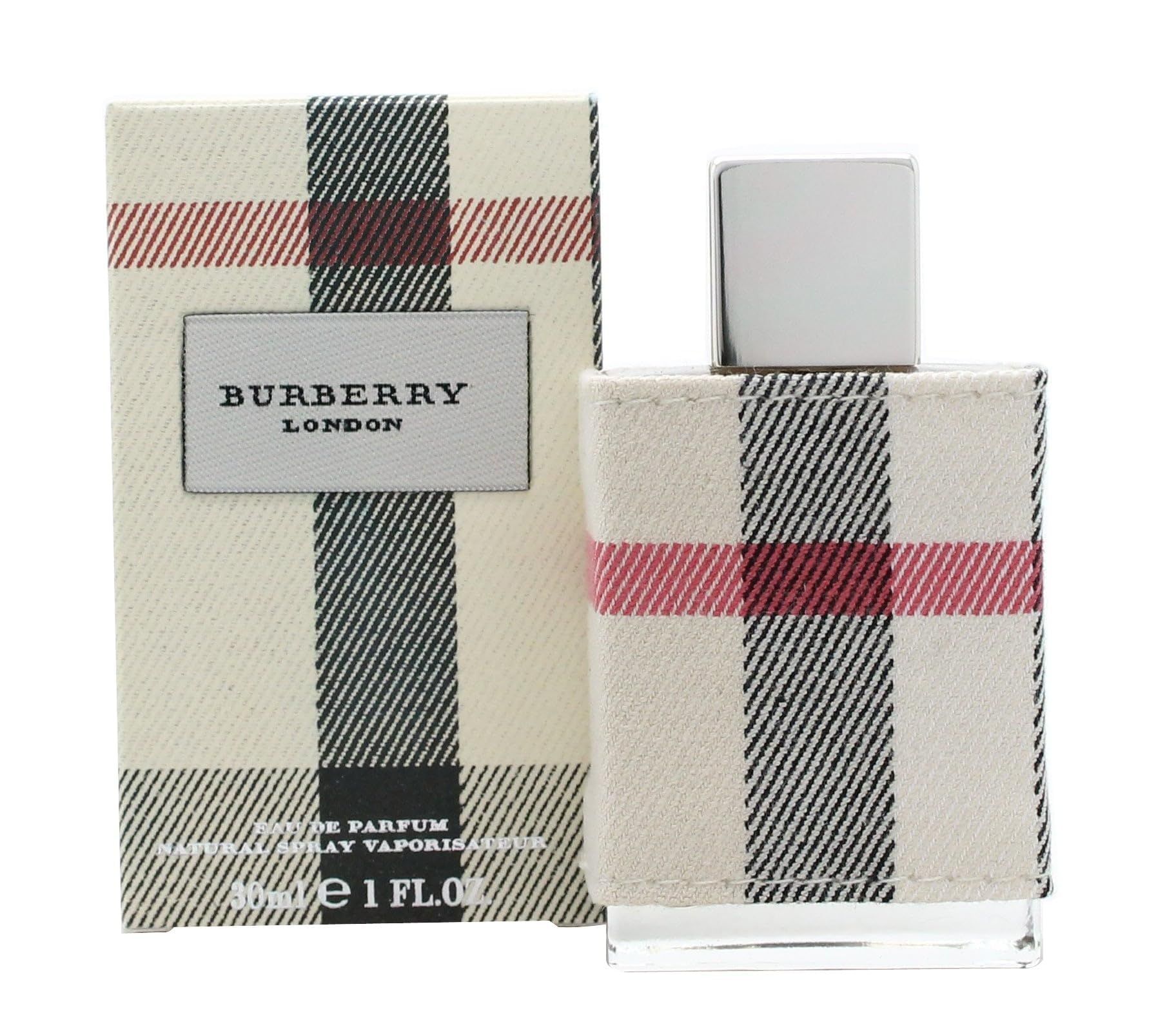 Burberry London Eau de Parfum Spray con confezione. Flacone e scatola con motivo a quadri. Testo: Burberry London.