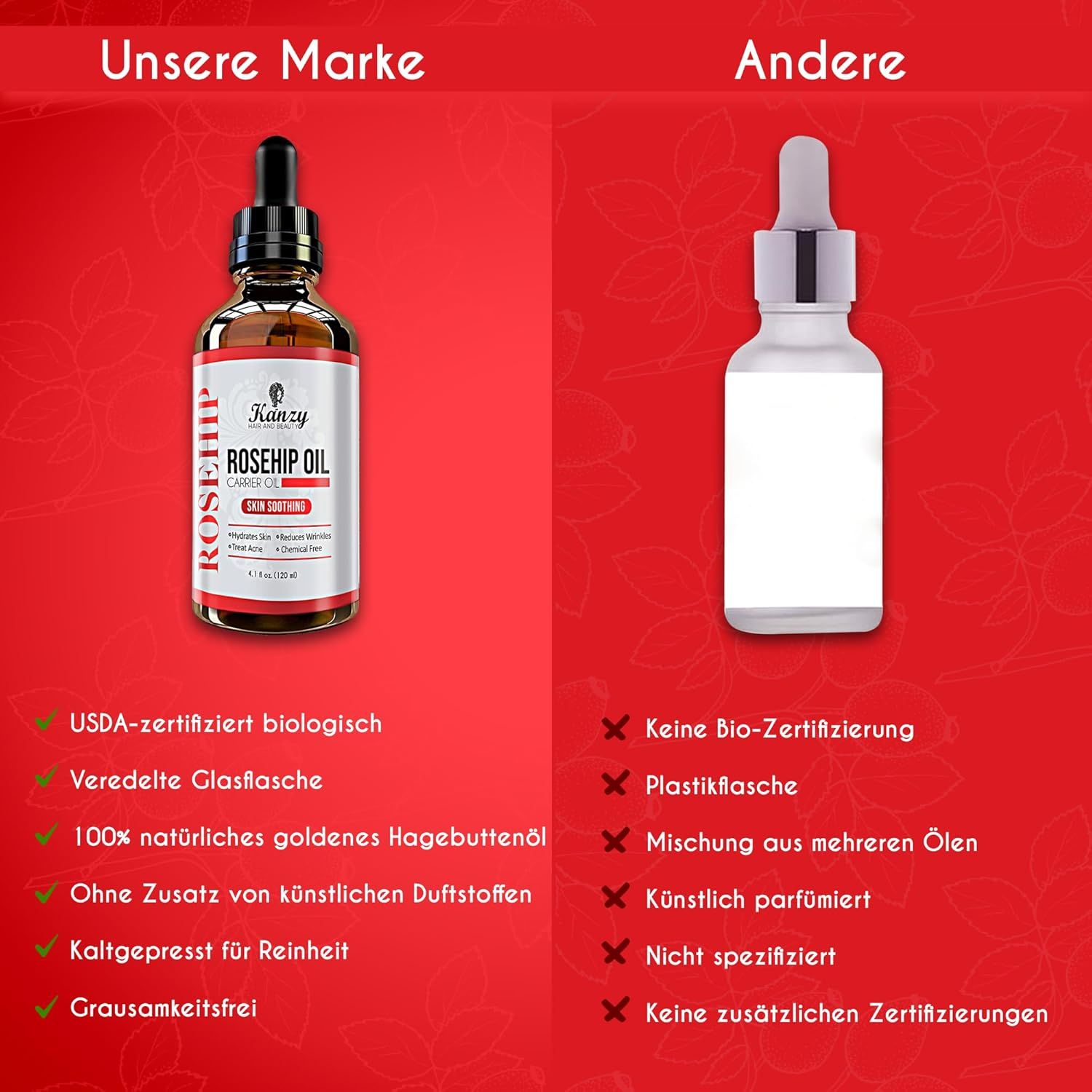 Confronto: Kanzy Rosehip Oil vs. altri. Kanzy: certificato USDA, bottiglia in vetro, 100% naturale, senza additivi, pressato a freddo, cruelty-free.