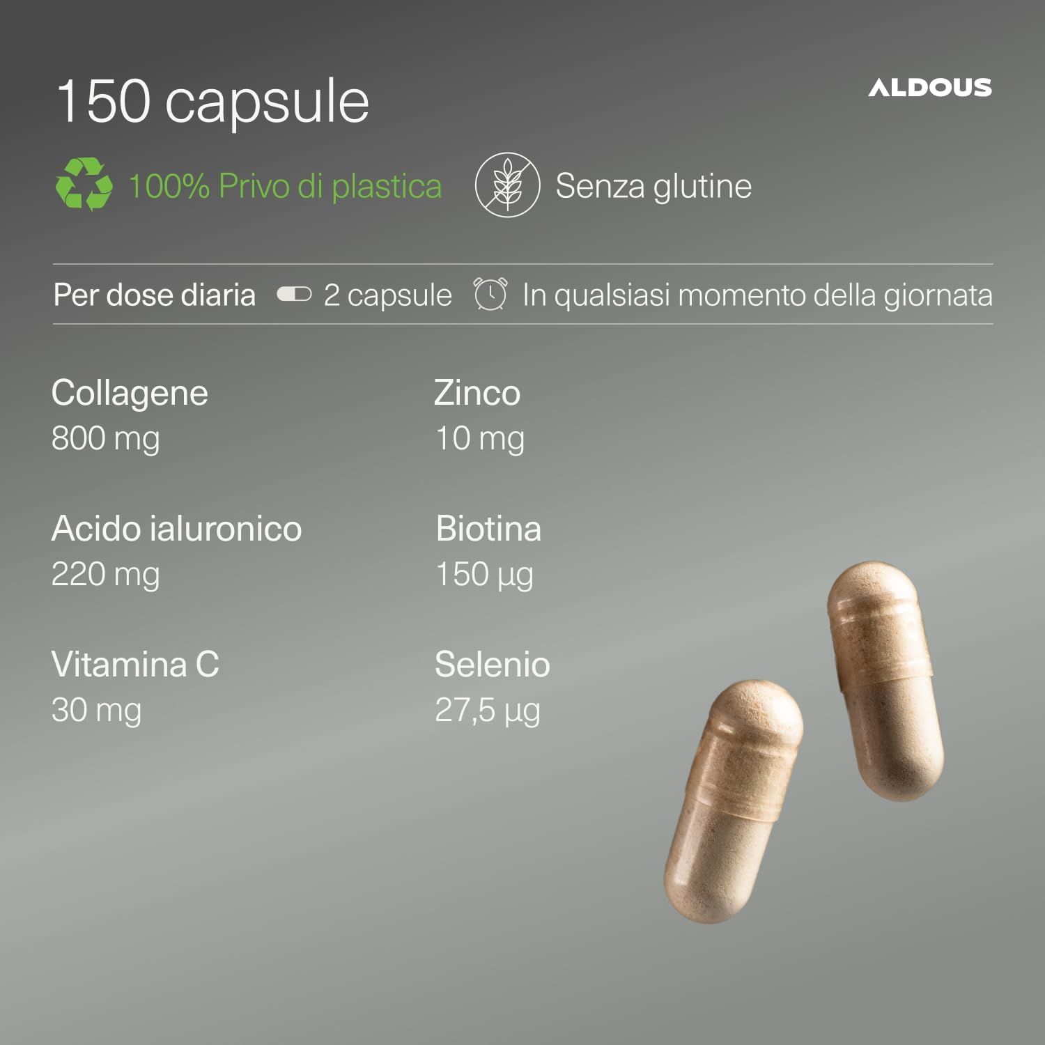 Capsula Aldous tenuta da una mano. Informazioni sugli ingredienti e 150 capsule.