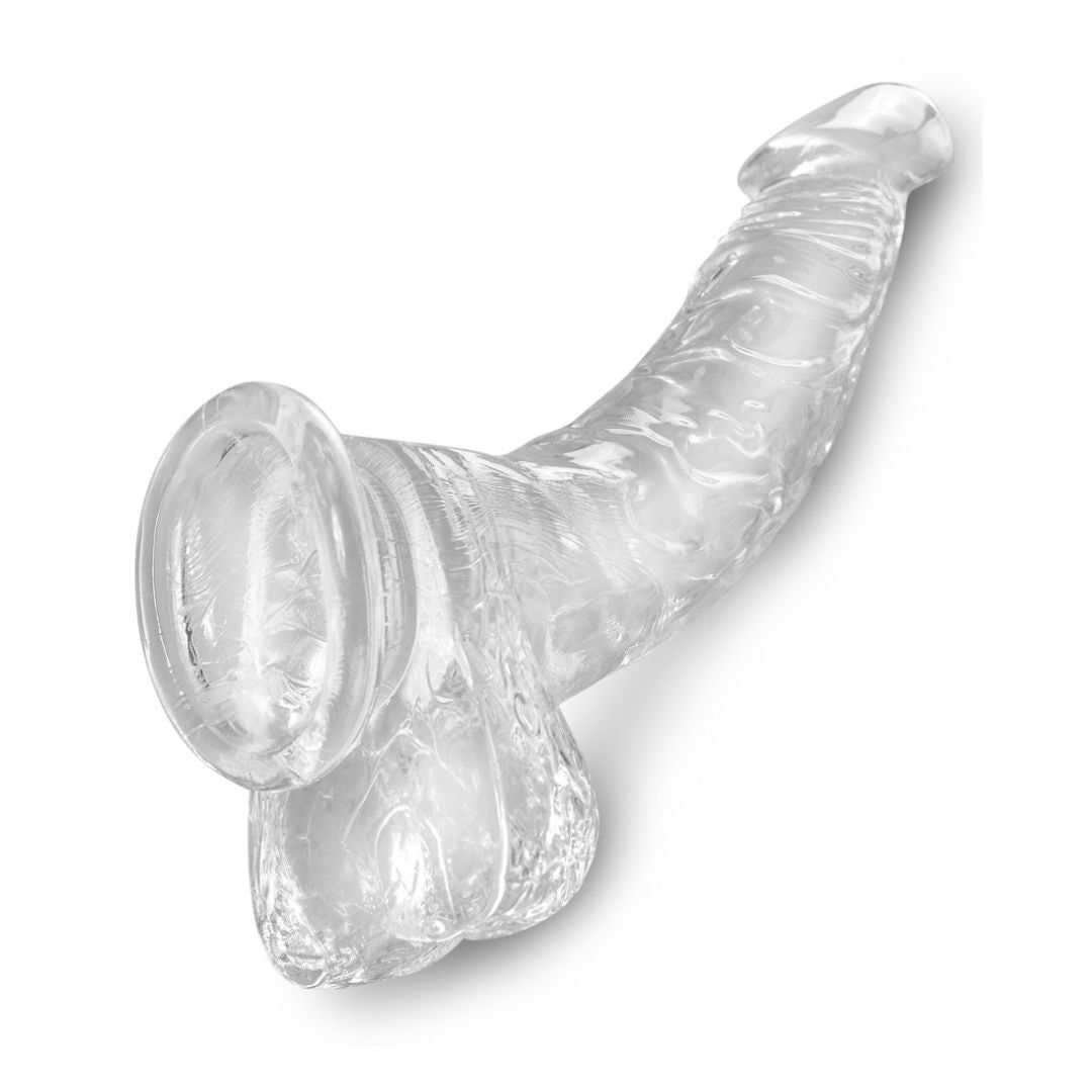Dildo trasparente realistico con ventosa. Forma curva, superficie dettagliata. Vista obliqua.