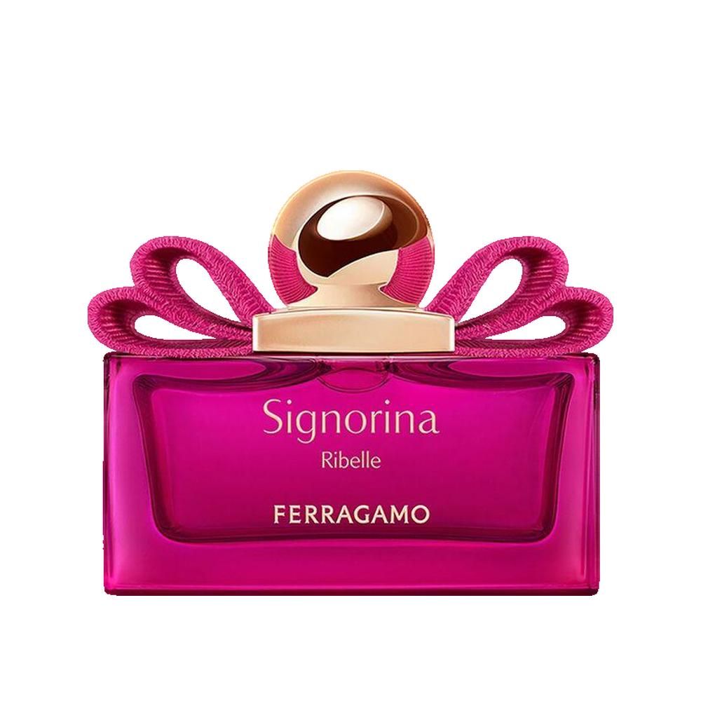 Flacone rosa con tappo dorato e fiocco rosa. Scritta Signorina Ribelle e Ferragamo.