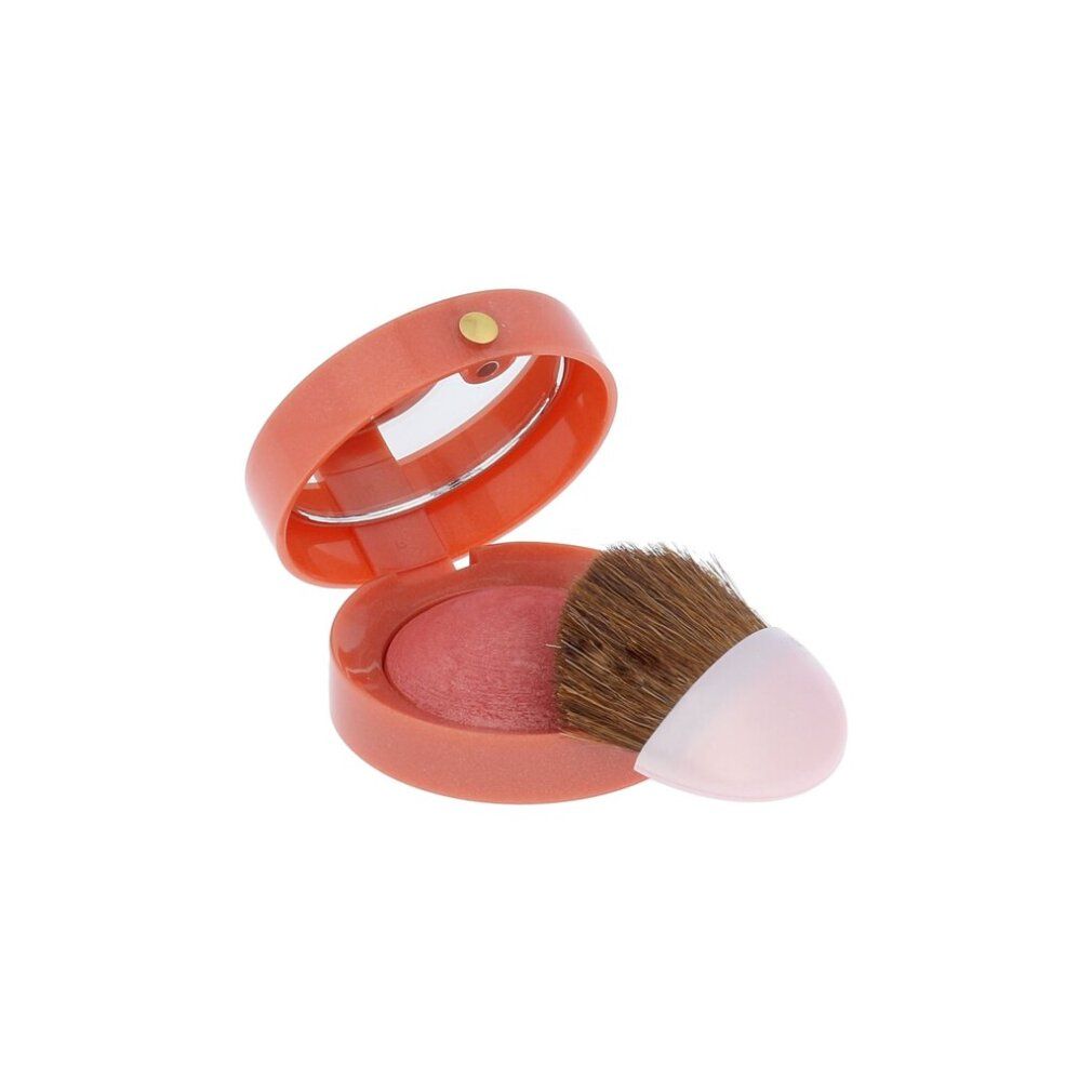 Bourjois Fard Blush Joues aperto. Cipria rosa, specchio e pennello con manico rosa. '16 Rose Coup' visibile.