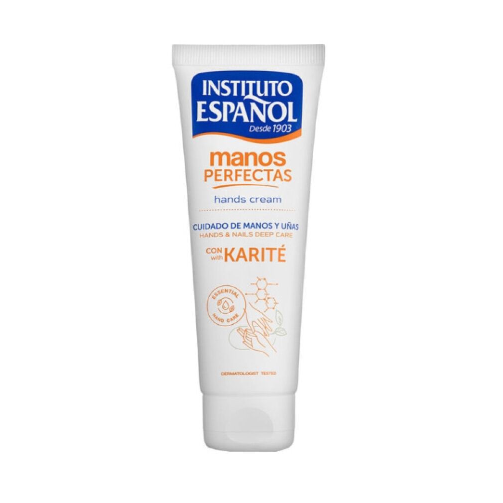 Tubo bianco con testo blu e arancione. Crema mani con karité. Scritta: Instituto Español, Manos Perfectas.