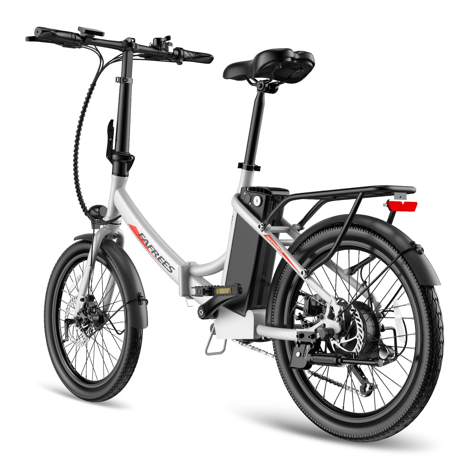E-bike Fafrees F20Light argento. Sella, pneumatici e portapacchi neri. Fanale posteriore visibile.