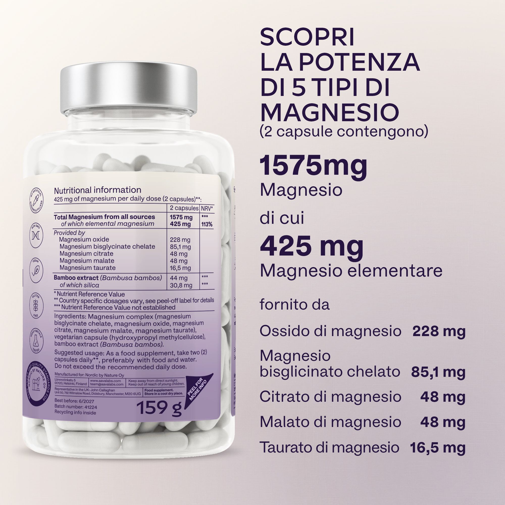 Retro del flacone Fullnesium Komplex. Informazioni nutrizionali. 425 mg magnesio elementare. 1575 mg magnesio.