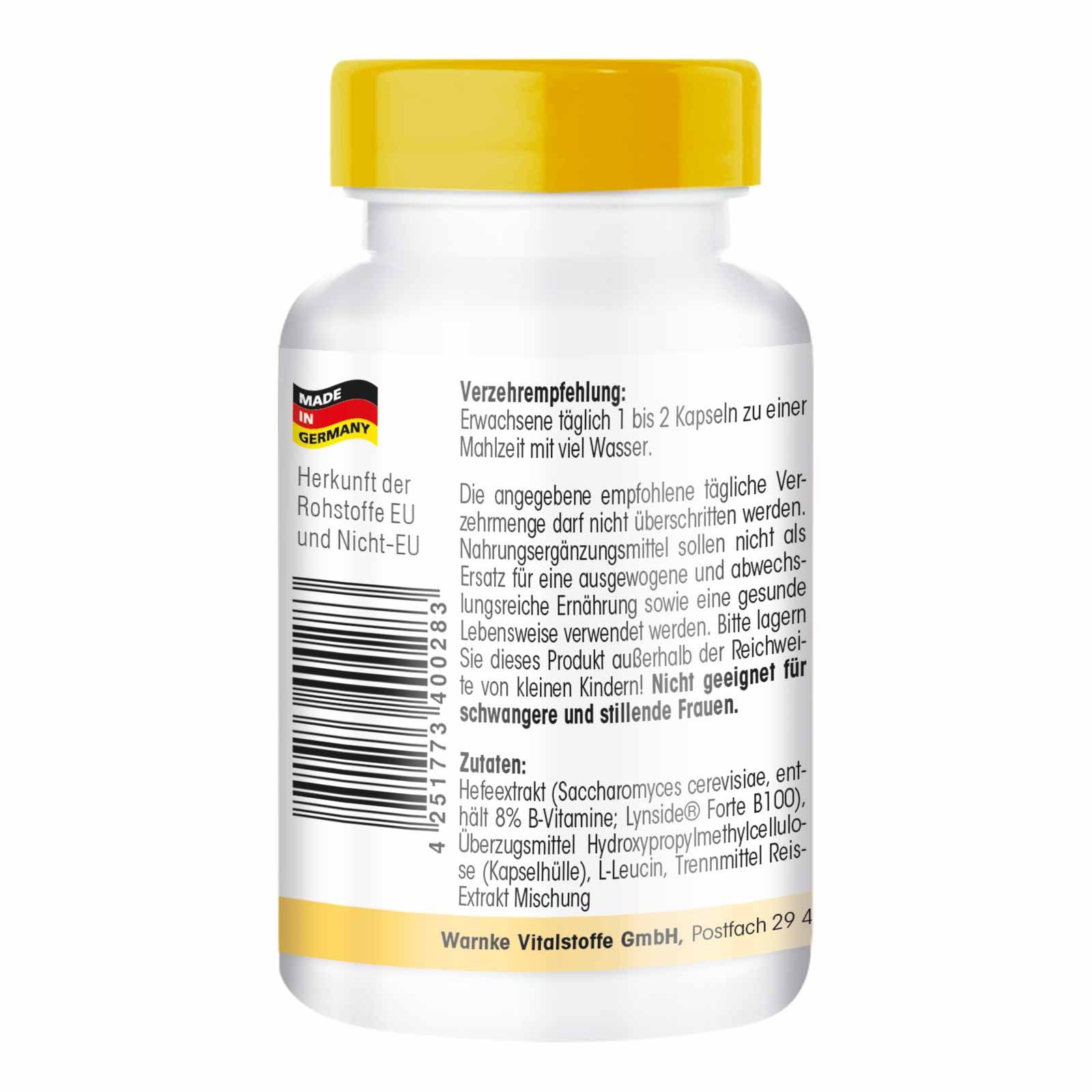 Retro del flacone bianco con tappo giallo. Testo: Raccomandazioni per l'uso, ingredienti, origine UE e non UE, Made in Germany, codice a barre.