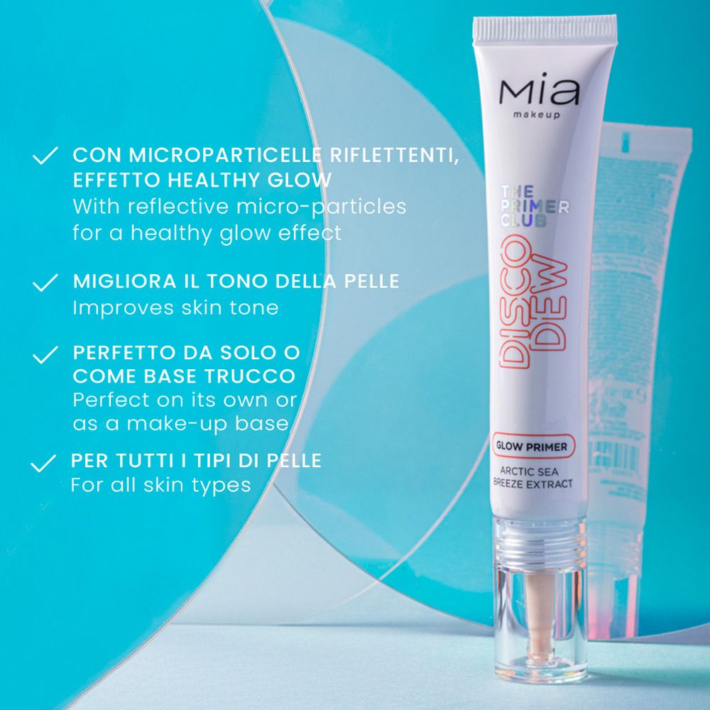 Tubo primer con testo. Scritta: Mia Makeup, Disco Dew. Punta trasparente. Sfondo blu. Testo in italiano.