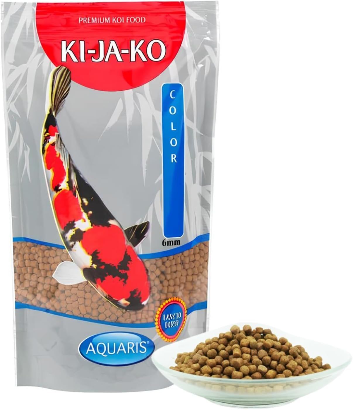 KI-JA-KO Koifutter Color 6mm in busta. Immagine di una carpa koi. Scritta 'AQUARIS'.
