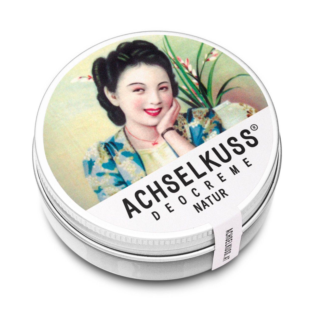 ACHSELKUSS Deocreme Natur in scatola rotonda di metallo, vista laterale con etichetta.