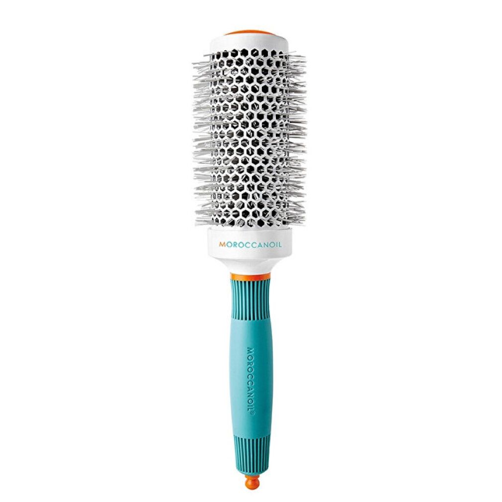 Spazzola rotonda Moroccanoil con manico blu e accenti arancioni.