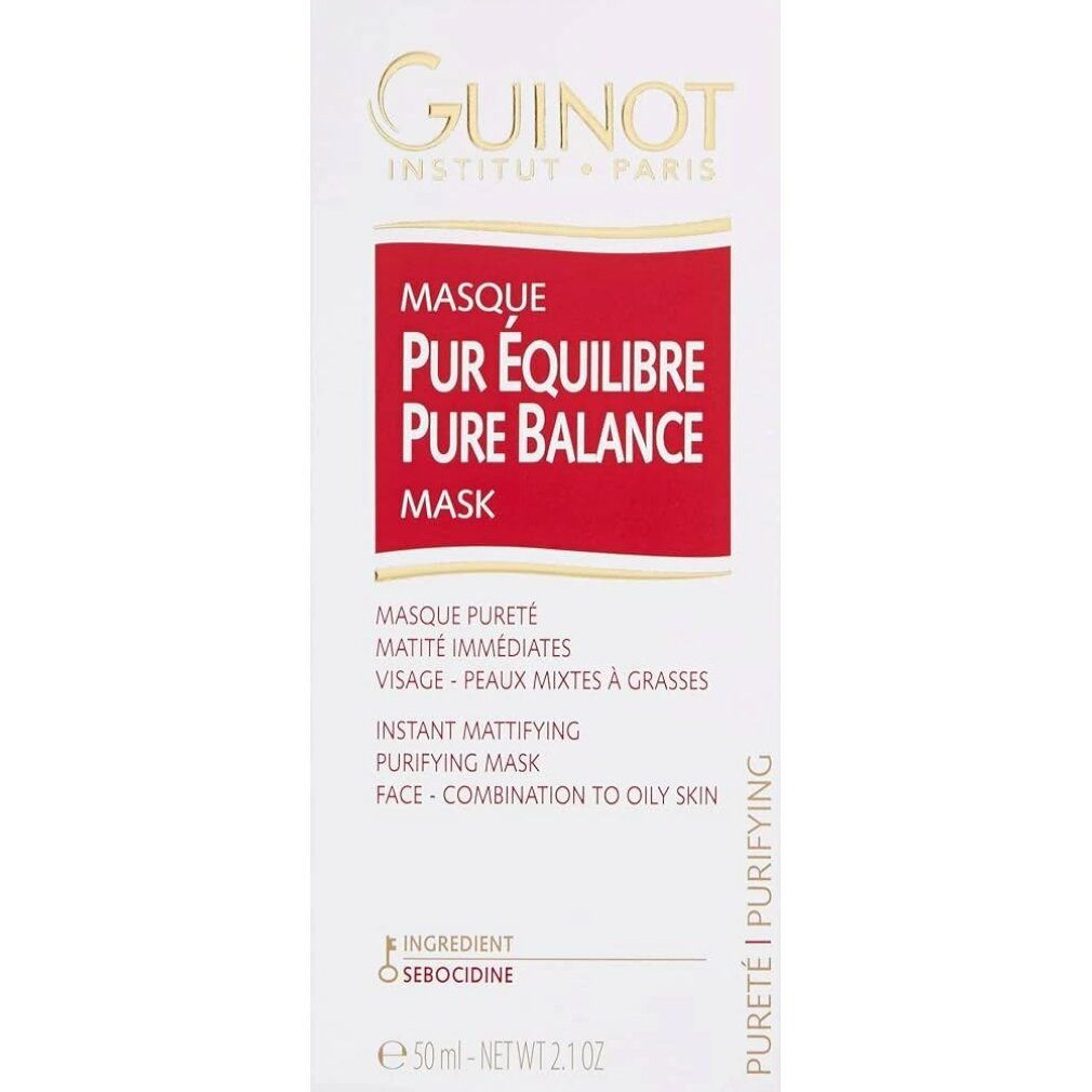 Confezione bianca con informazioni sul prodotto. Scritta: Guinot, Masque Pur Equilibre Pure Balance Mask. Sfondo rosso.