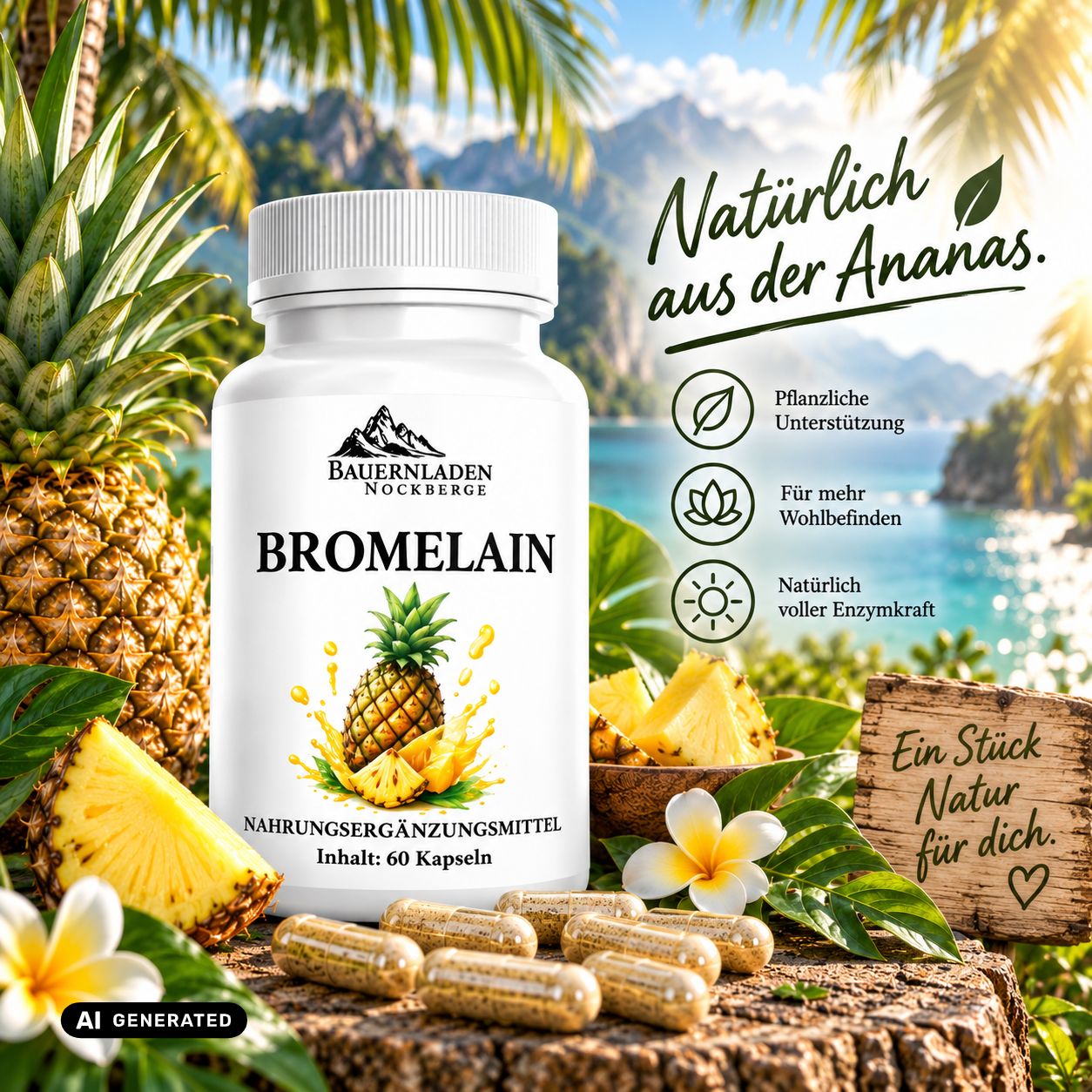 Capsule di bromelina di Bauernladen Nockberge, 60 pezzi, con motivo ananas.