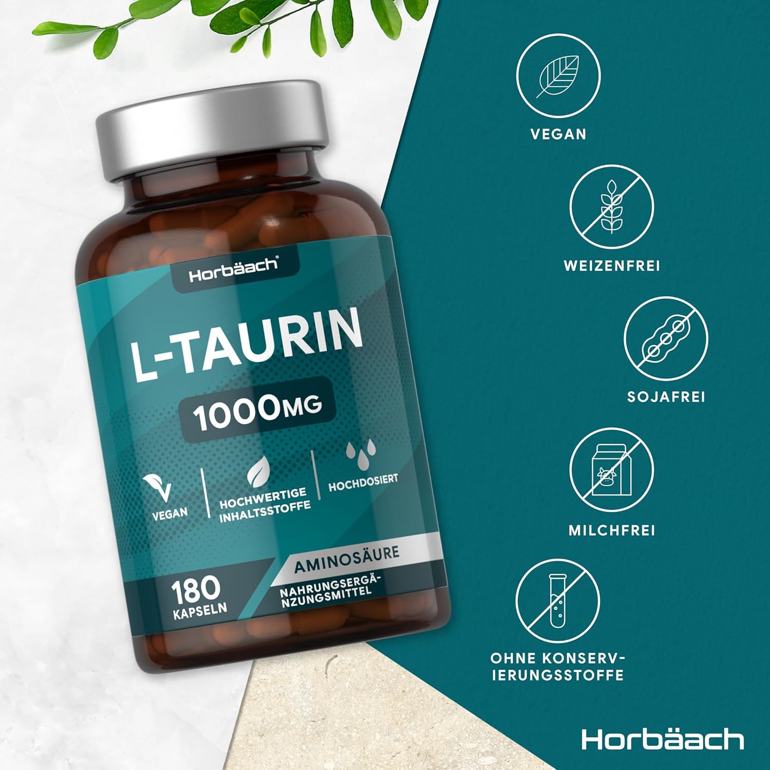 Flacone marrone con capsule. Scritta: L-TAURINA 1000mg. 180 capsule. Vegano, senza grano, soia, latte, senza conservanti.
