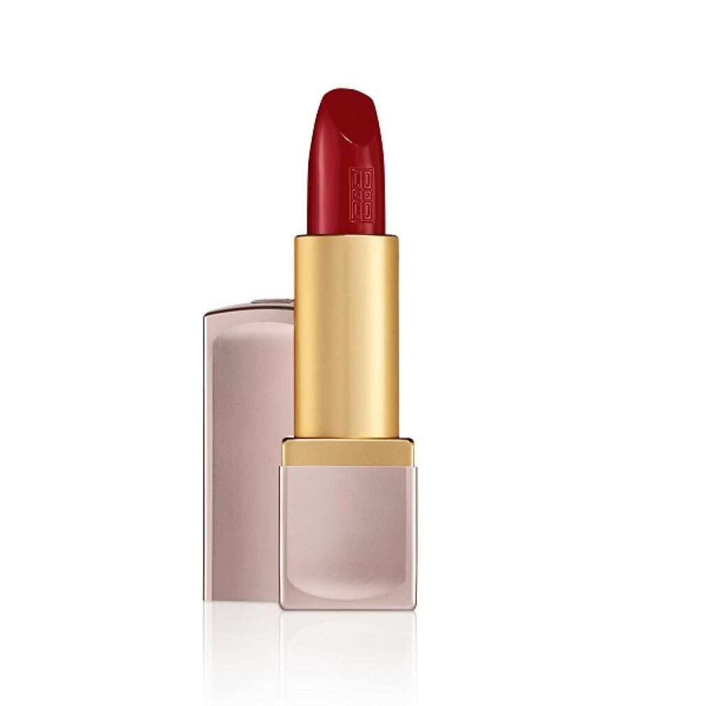 Rossetto rosso. Corpo dorato, astuccio rosa. Nome del prodotto non visibile.