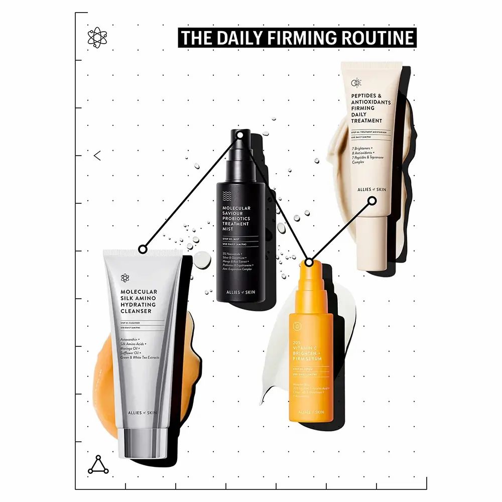 Vari prodotti per la cura della pelle su sfondo bianco. Include un tubetto, una bottiglia e un altro prodotto con liquido giallo.