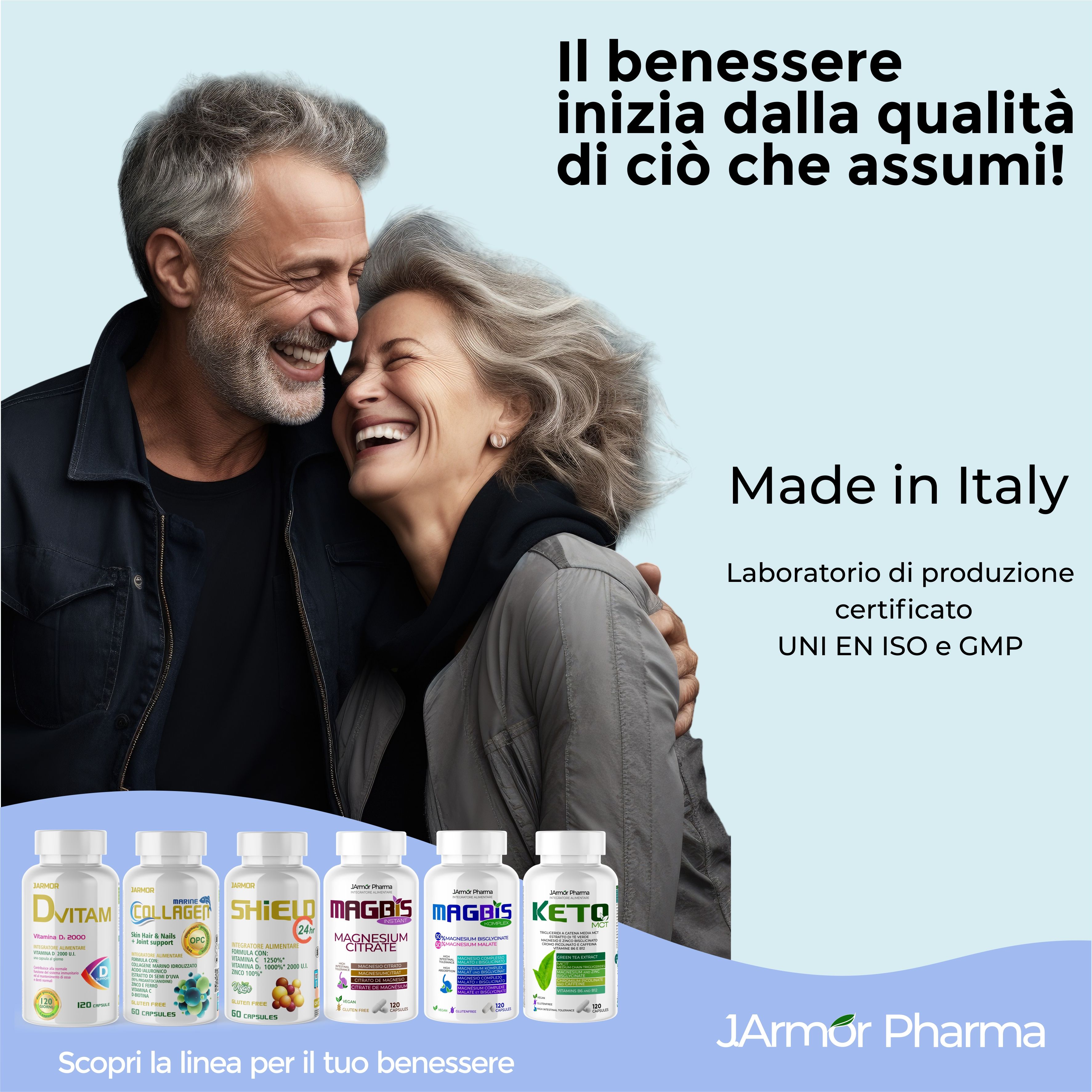 Coppia anziana che ride. Testo: Made in Italy. Laboratorio di produzione certificato UNI EN ISO e GMP. Flaconi di prodotti.