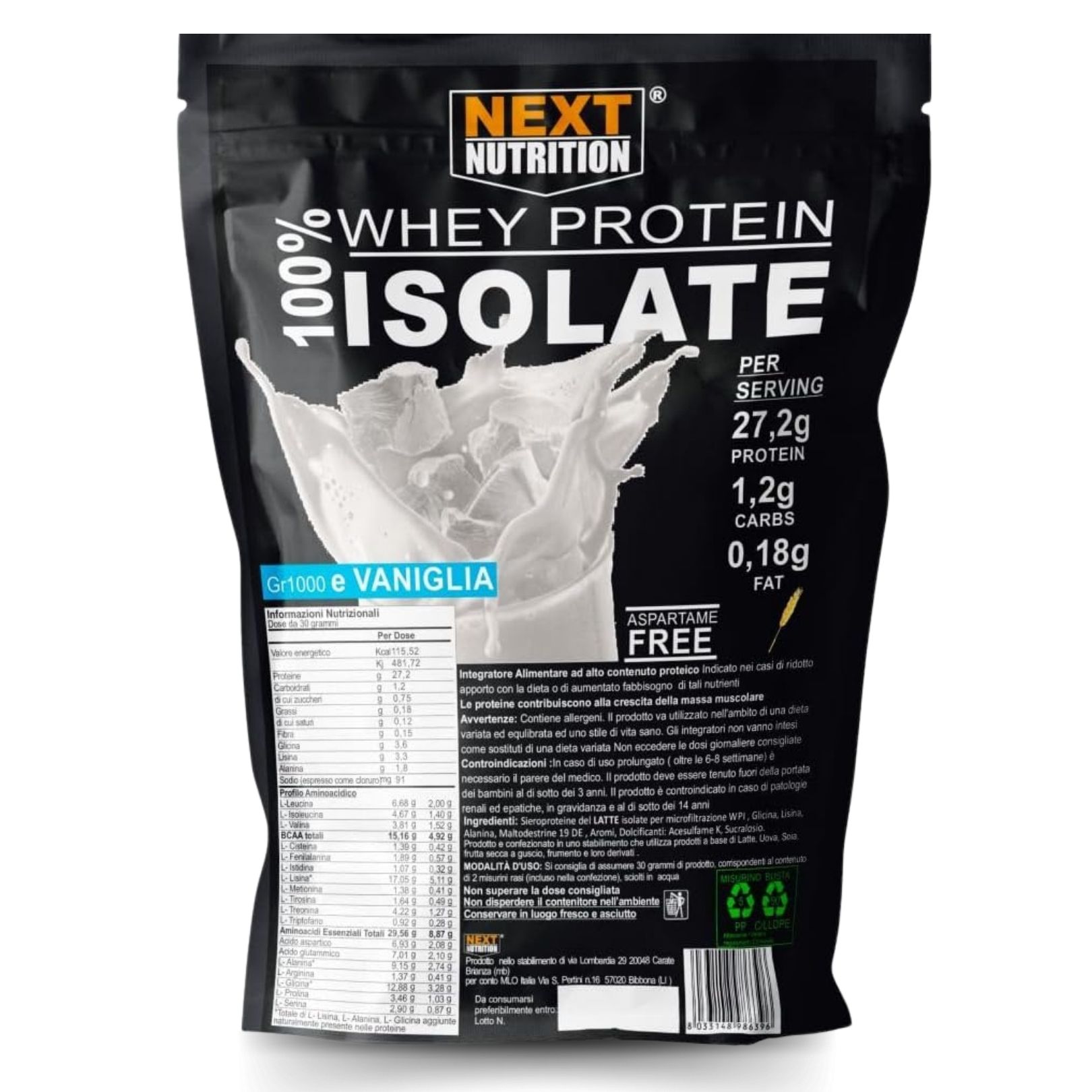 NEXT NUTRITION Proteine in Polvere 100% Whey Protein Isolate Vaniglia gr 1000
