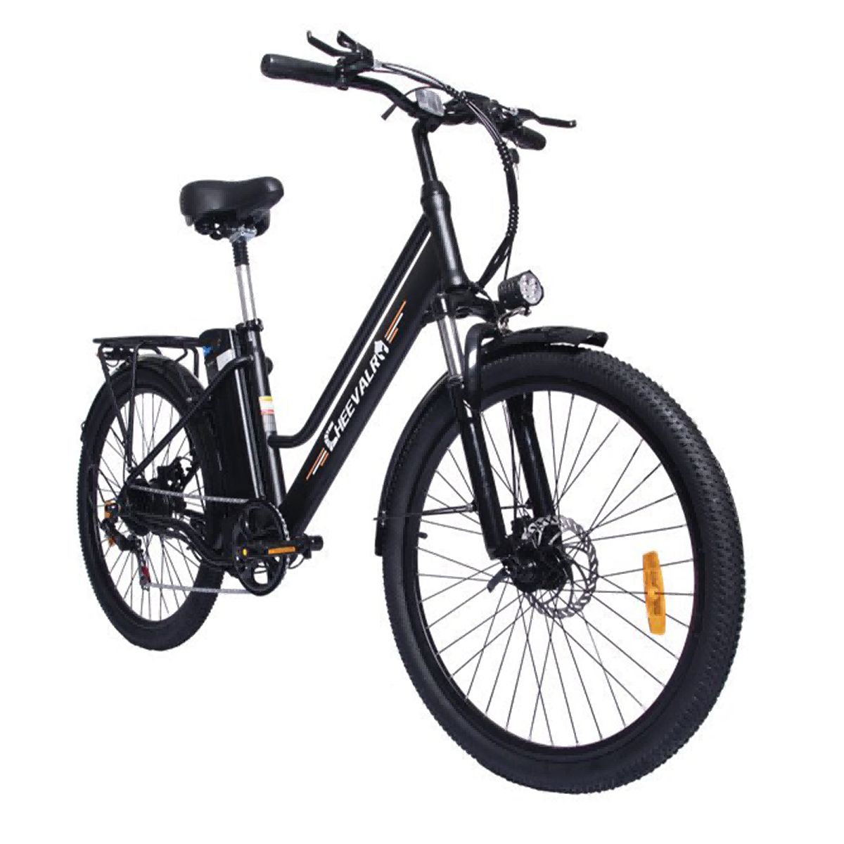 Bicicletta elettrica nera con faro anteriore. Marchio Cheevalry.