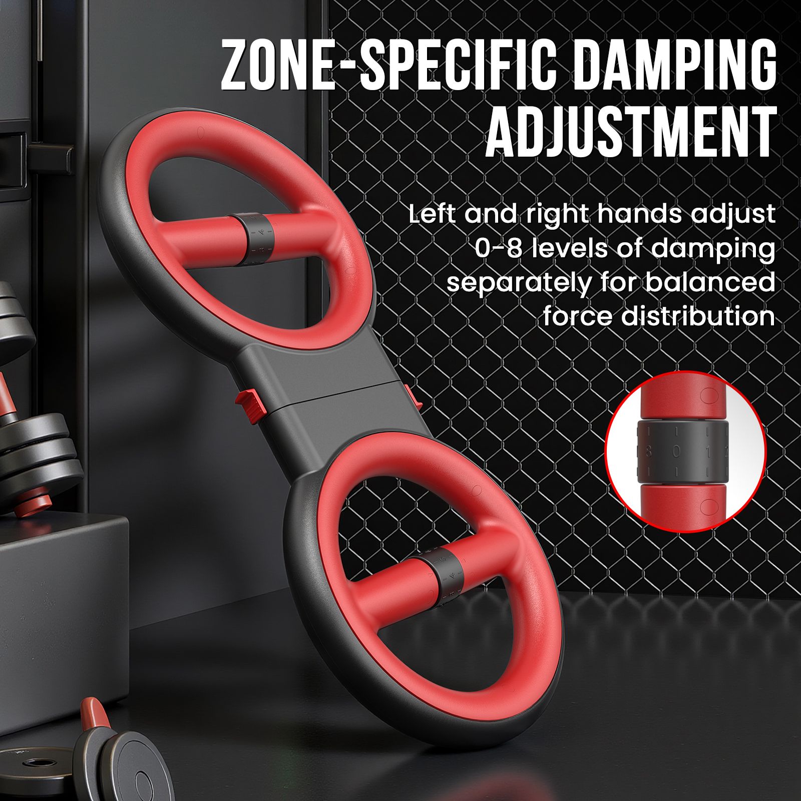 Dispositivo nero e rosso per braccia e petto. Due ruote con maniglie, collegate. Vista dettagliata della regolazione dell'ammortizzazione.