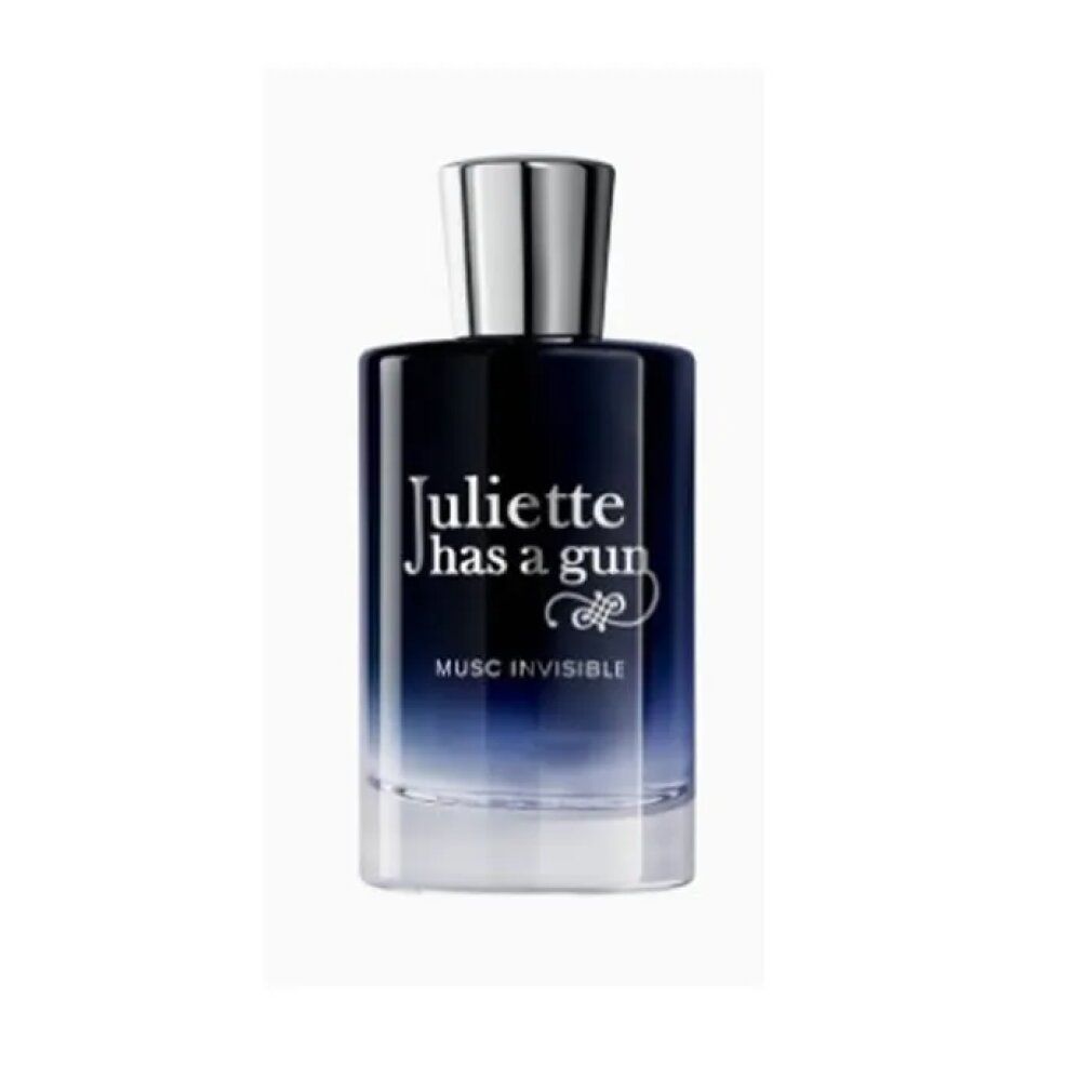 Flacone in vetro blu scuro con tappo argentato. Scritta: Juliette has a gun, Musc Invisible.