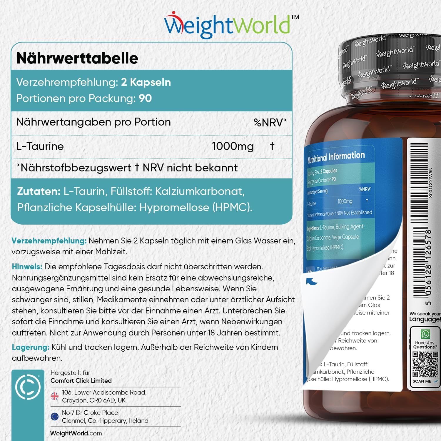 Tabella nutrizionale con informazioni sulla L-Taurina. Logo WeightWorld. Flacone con capsule.