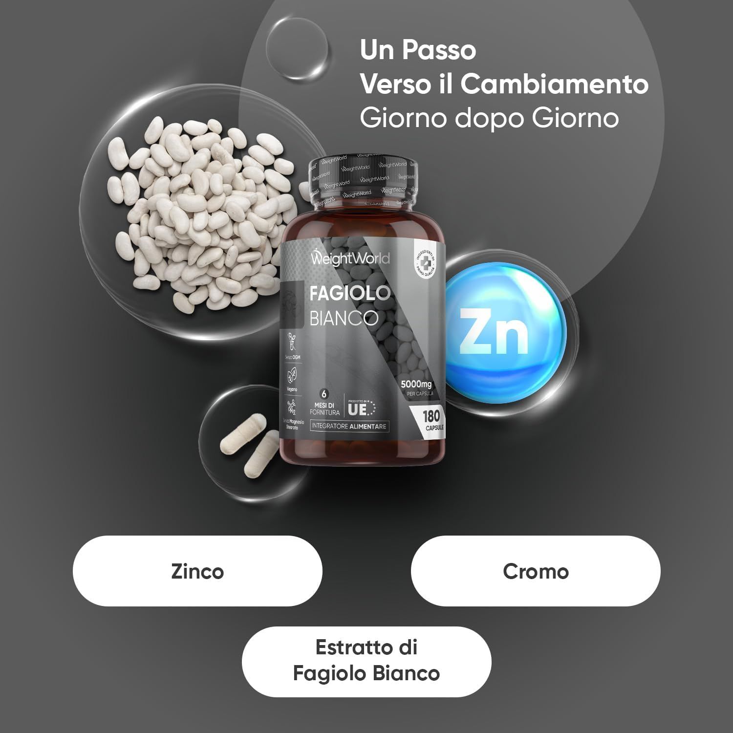Flacone marrone con capsule, fagioli bianchi e simbolo Zn. Testo: Fagiolo Bianco, Zink, Chrom.