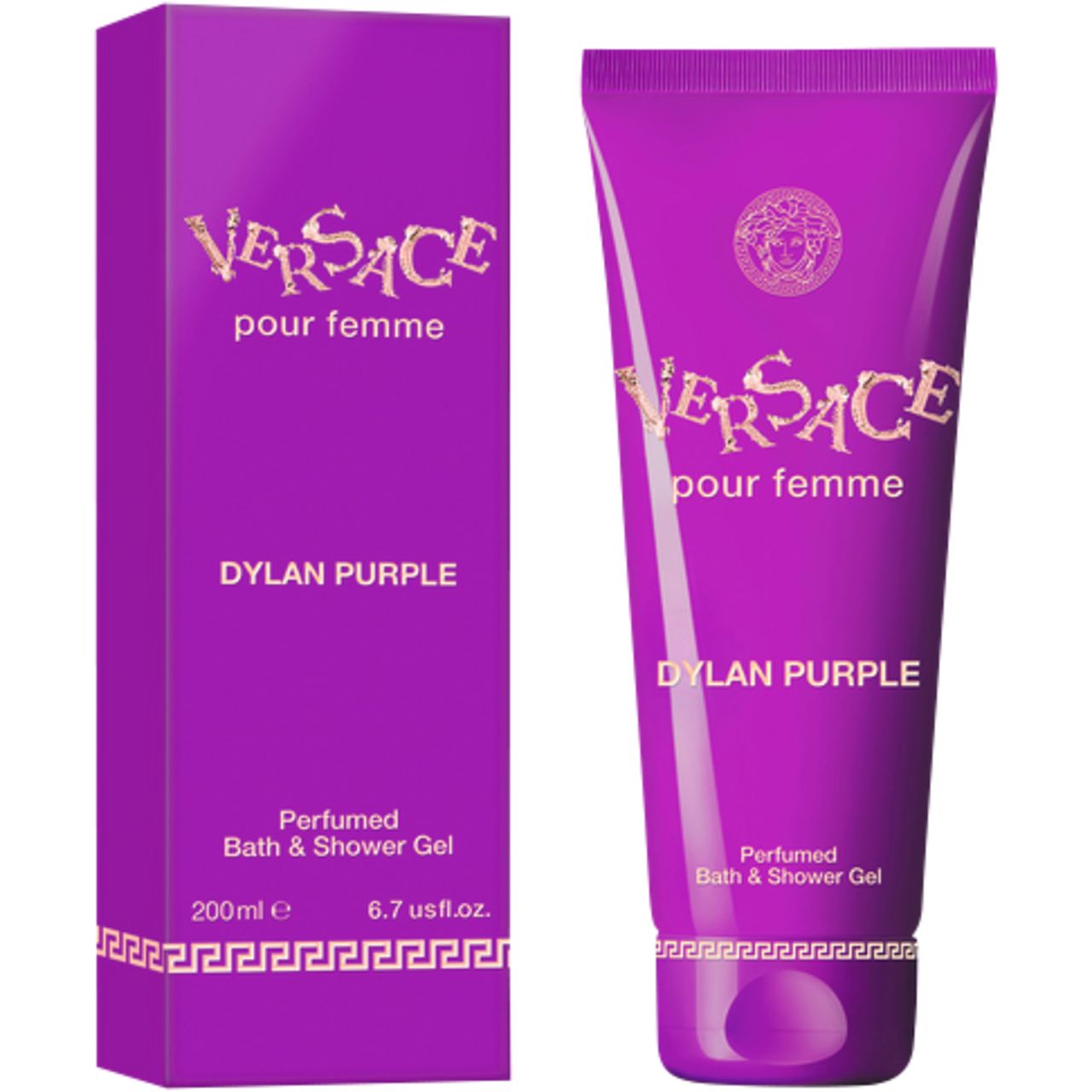 Tubo e confezione di gel doccia viola. Scritta dorata: Versace pour femme, Dylan Purple. Scritta: Perfumed Bath & Shower Gel.