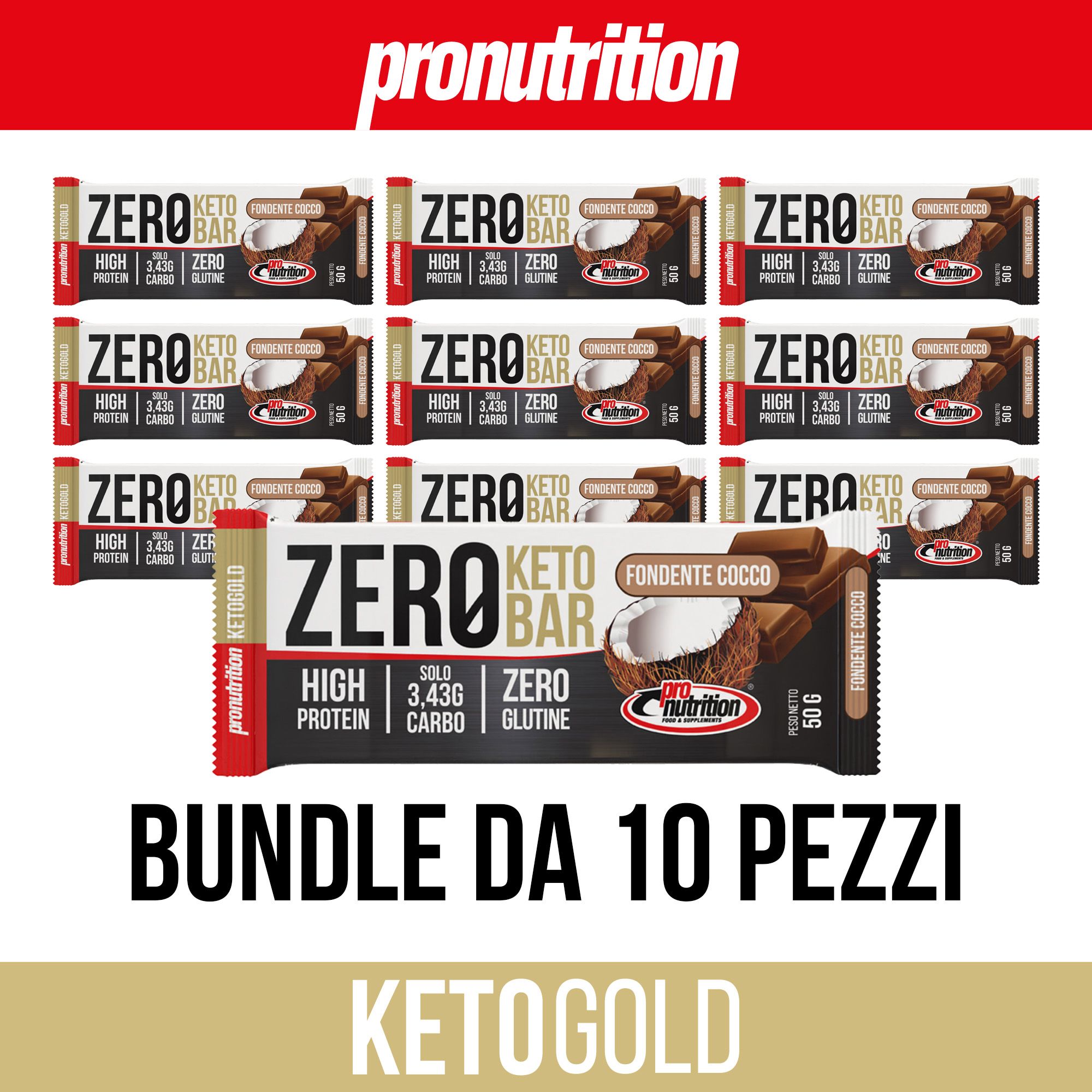 Confezione di barrette Keto. Scritta: Zero Keto Bar, Fondente Cocco, 3,43g zuccheri, senza glutine. Bundle da 10 pezzi.