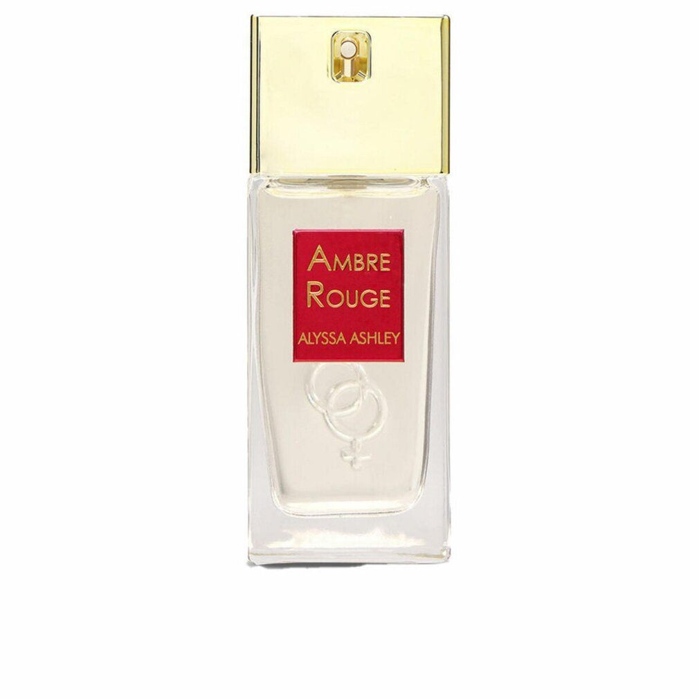 Alyssa Ashley Ambre Rouge Edp Spray. Flacone di vetro rettangolare con tappo dorato. Etichetta rossa con nome e logo del prodotto.
