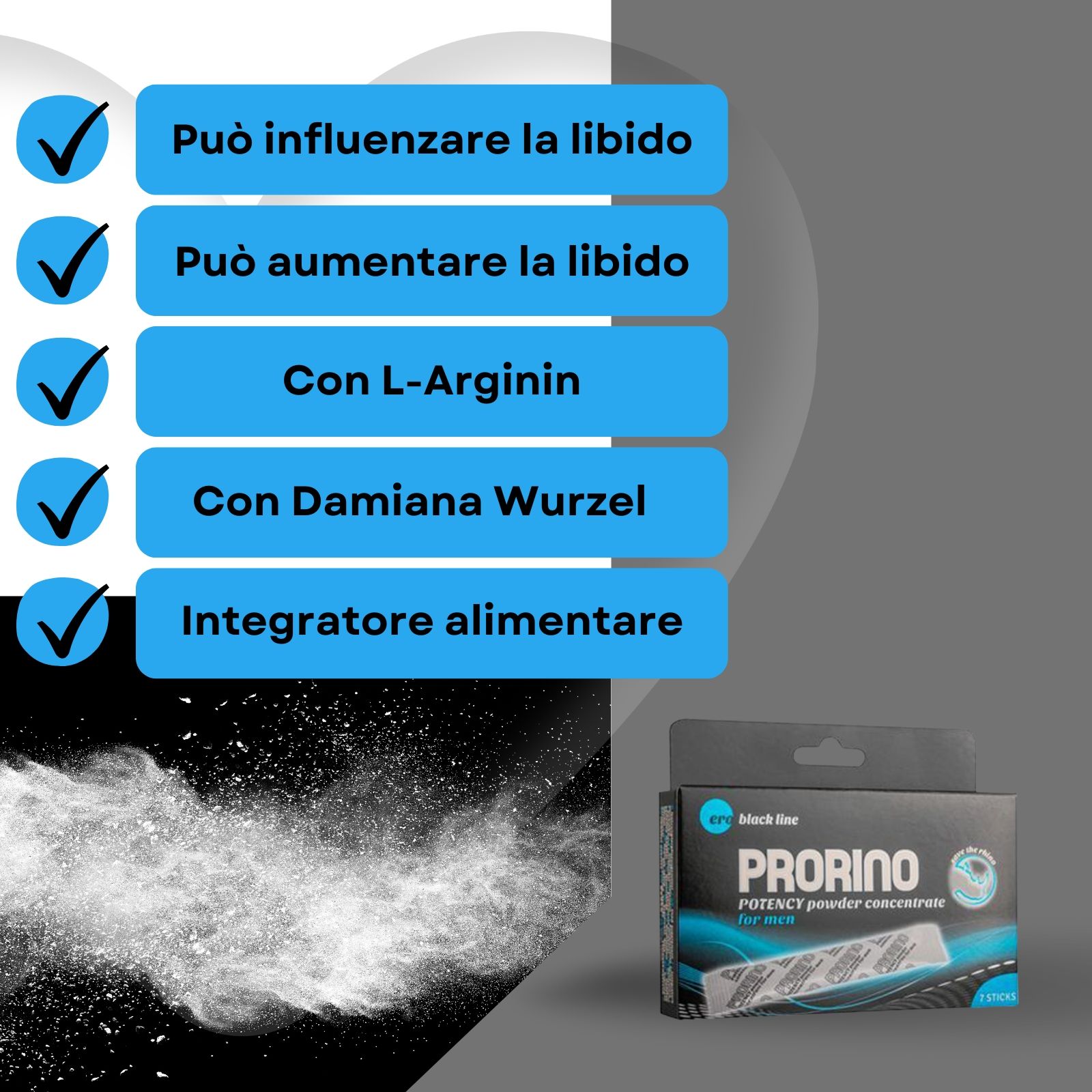 Confezione "PRORINO" accanto a campi di testo. Testo: Può influenzare la libido, con L-Arginina, integratore alimentare.