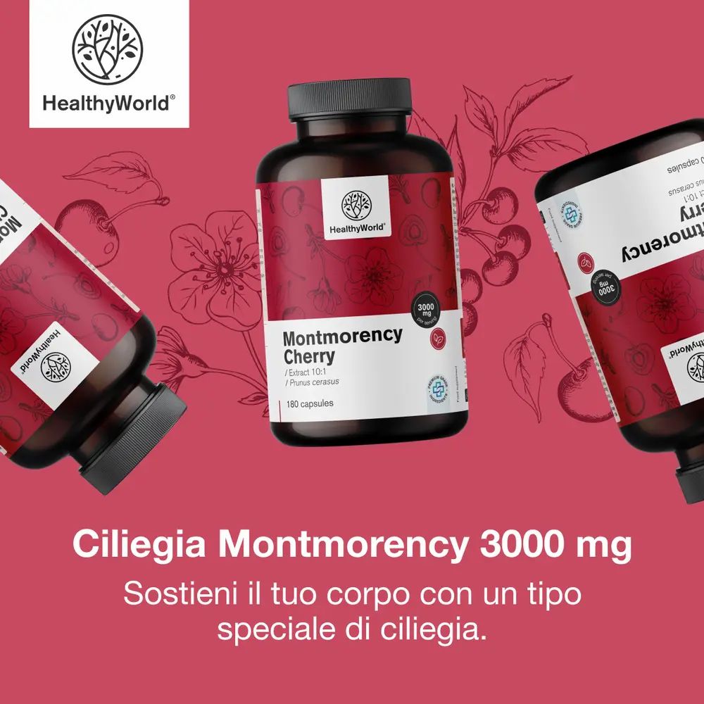 Ciliegia Montmorency 3000 mg, 180 capsule. Bottiglia del prodotto e testo "Tipo speciale di ciliegia".