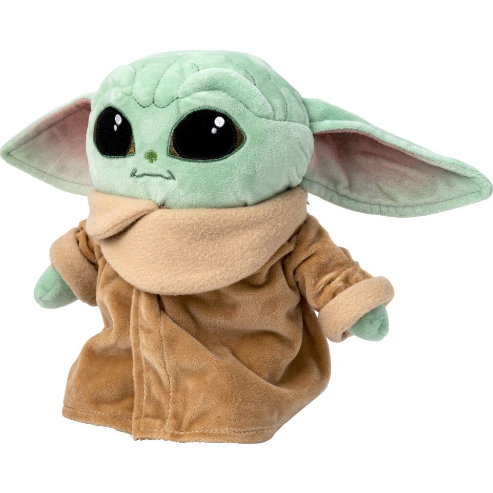 Peluche Baby Yoda verde e beige. Grandi occhi, orecchie. Mantello beige, colletto. Sfondo bianco.