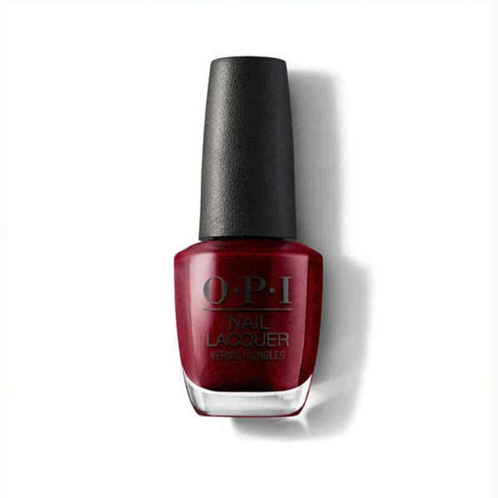 Smalto per unghie OPI rosso. Tappo nero, flacone trasparente. Scritta OPI Nail Lacquer. 15 ml.