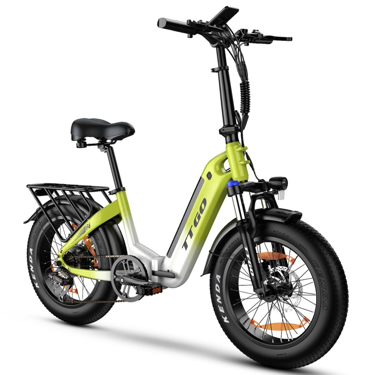 E-bike pieghevile verde e bianco, portapacchi, sella nera e pneumatici. Marchio TTGO, modello F6.