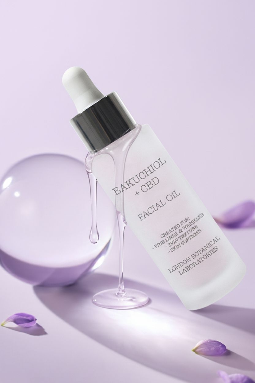 Olio viso London Botanical Laboratories Bakuchiol + CBD, con gocce e petali di fiori.