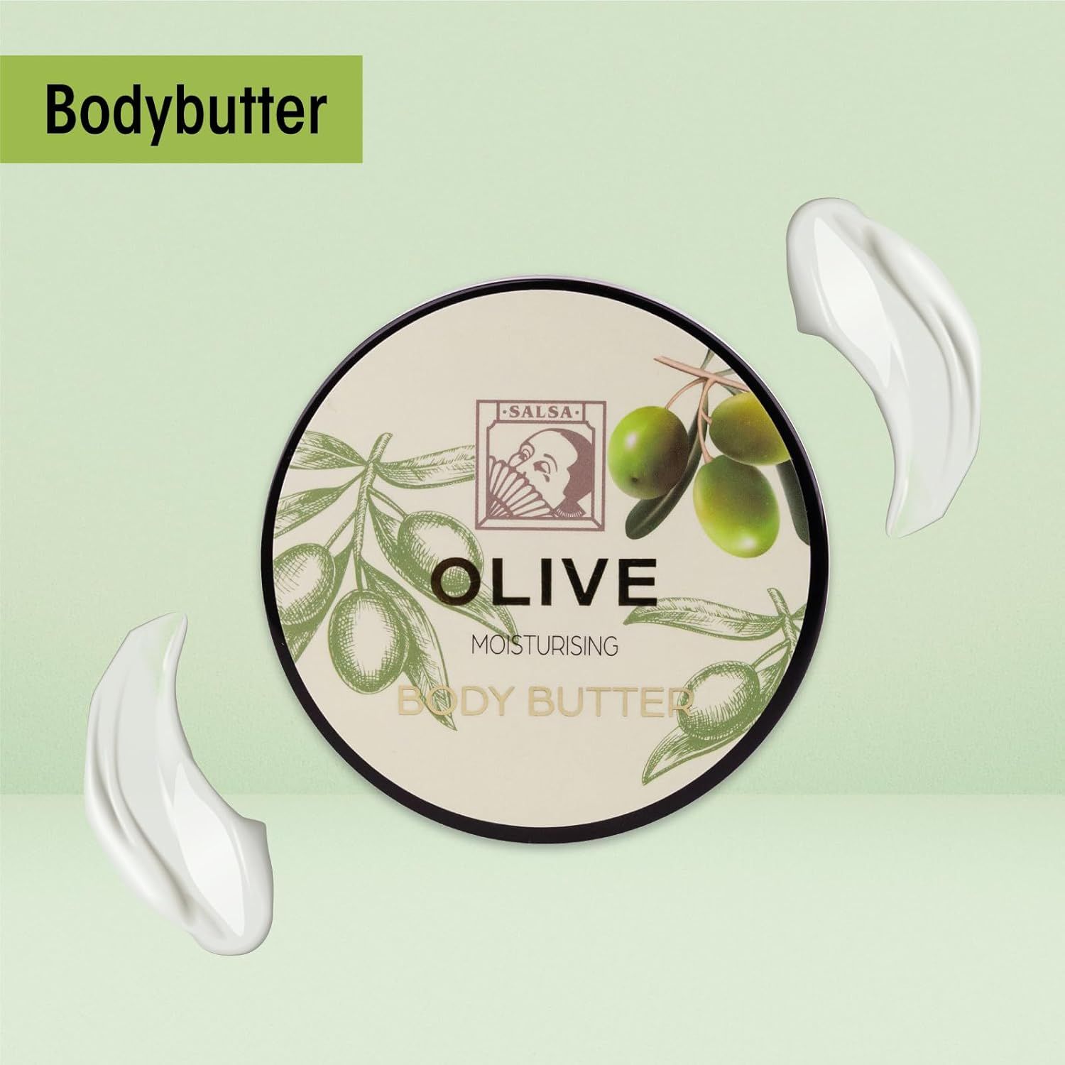Burro corpo Olive. Vasetto rotondo con decorazioni di olive. Due macchie cremose accanto.