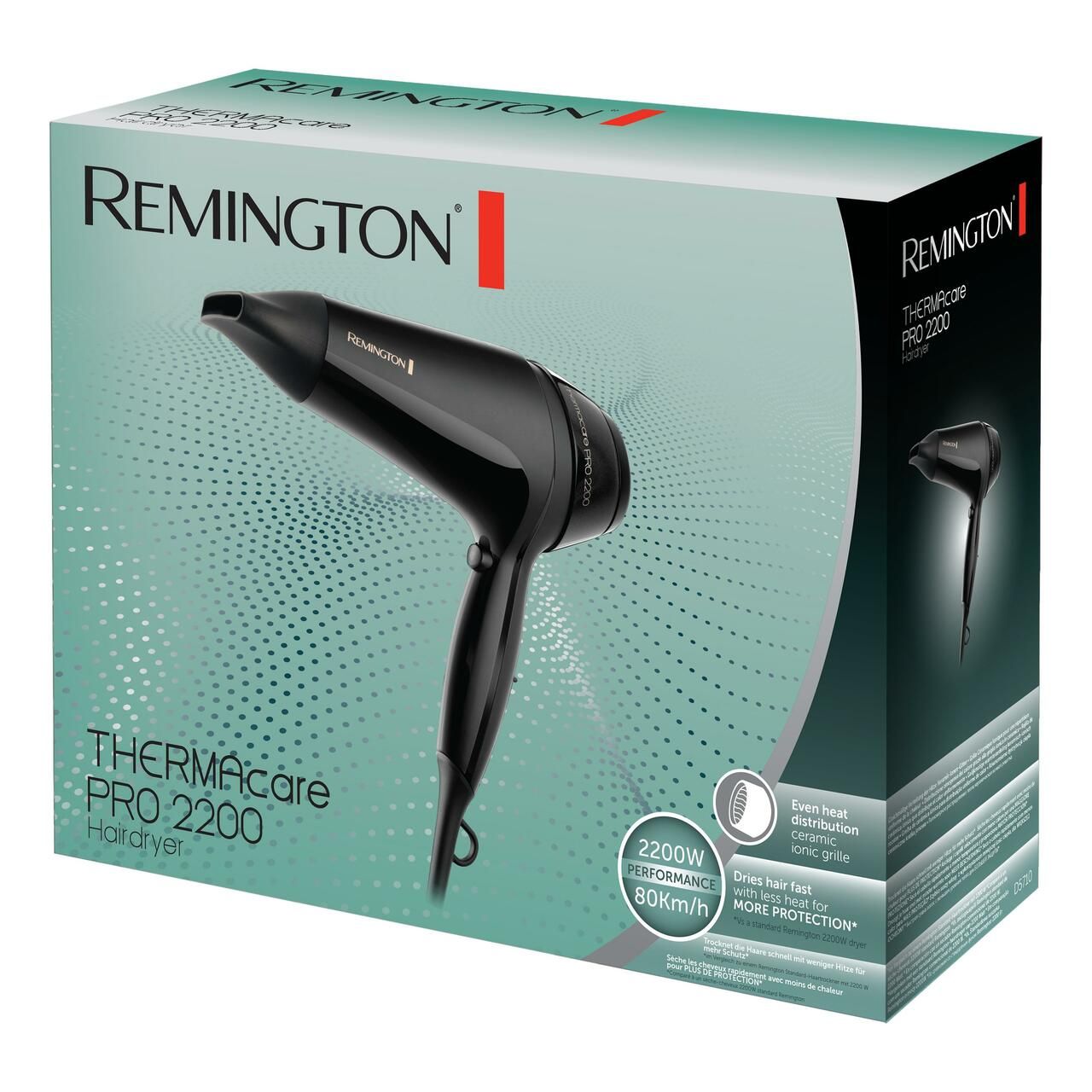 Confezione dell'asciugacapelli. Marchio Remington, modello Thermacare Pro 2200. Immagine del prodotto e specifiche.