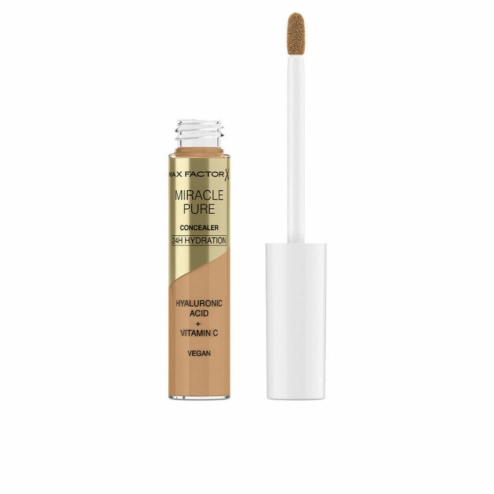 Flacone di correttore con applicatore. Astuccio dorato con nome del prodotto e ingredienti. Tappo aperto, applicatore accanto.