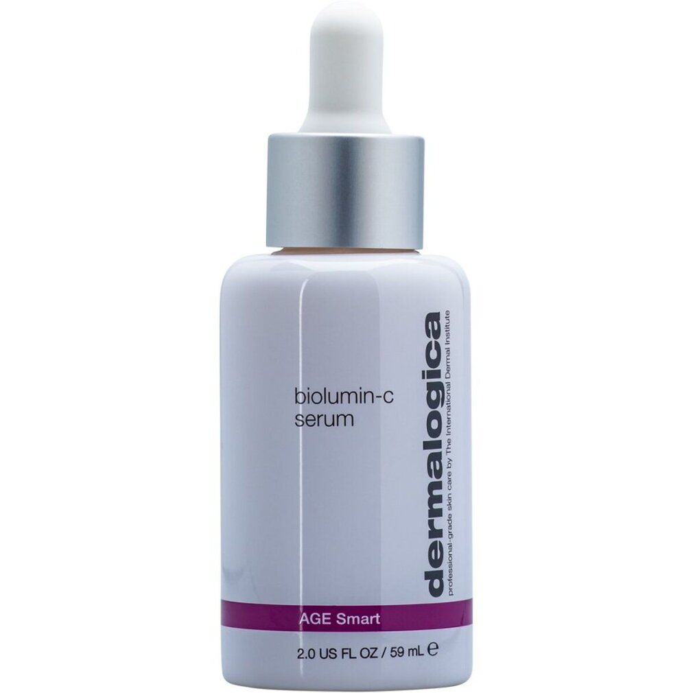 Flacone bianco con tappo argentato e pipetta. Scritta: biolumin-c serum, AGE smart, Dermalogica. 59 ml.