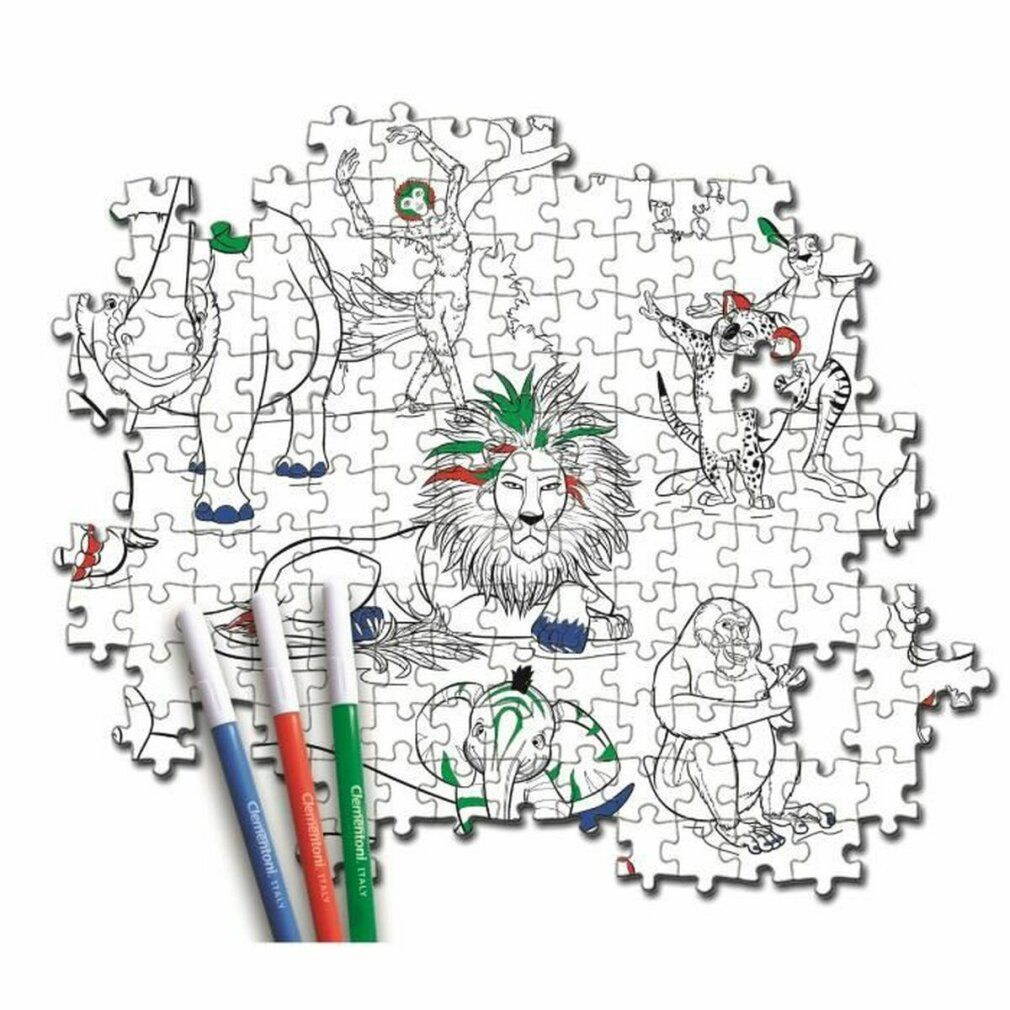 Puzzle Zafari, 104 pezzi, retro con contorni di animali della giungla. Pennarelli accanto.